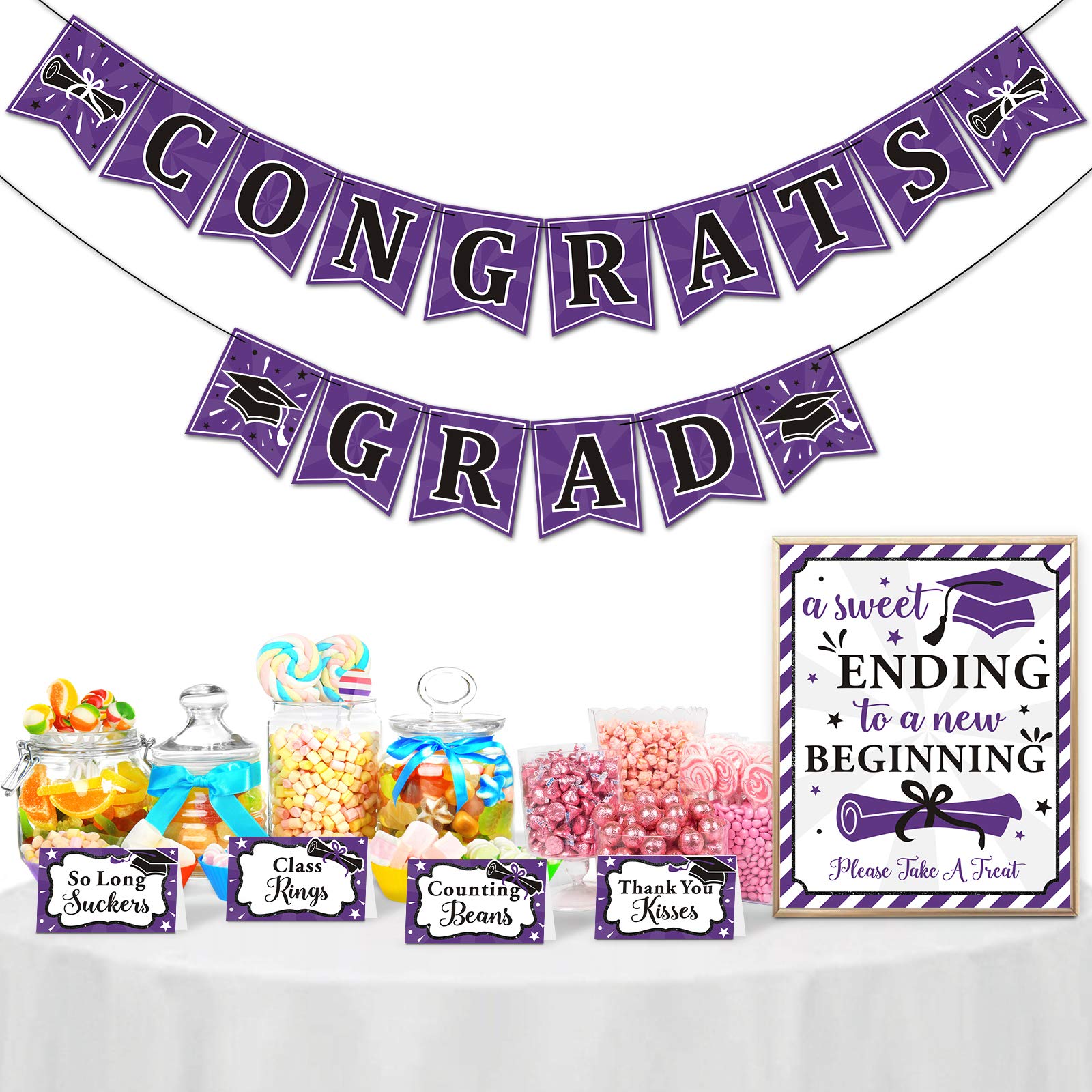 Yaaaaasss! Purple Graduation Candy Bar Dessert Buffet Decoration-A Sweet Ending to A New Beginning Sign Purple Congrats Grad Banner Food Labels Dessert Table Party Favor Ideas Supplies