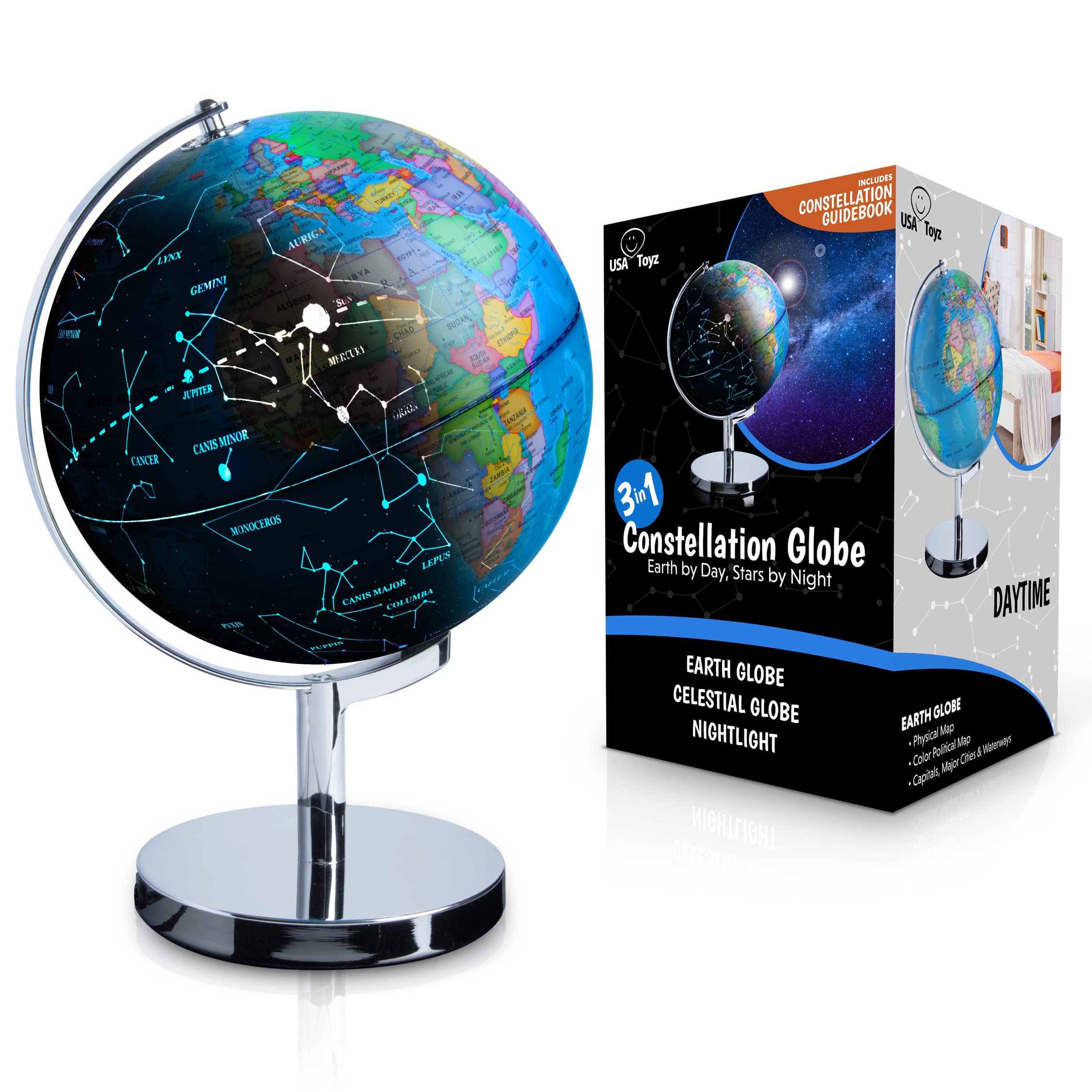 USA Toyz Illuminated Globe of the World with Stand - 3in1 World Globes, Constellation Globe Night Light, Globe Lamp with Built-In LED, Easy to Read Texts, Non-Tip Base, 13.5 Inch Tall, 9 Inch Diameter