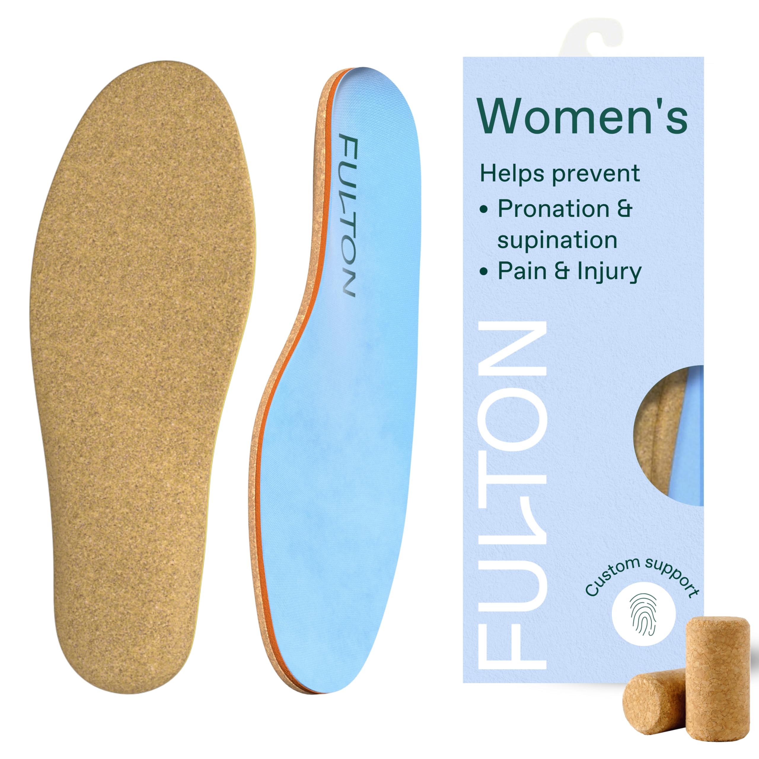 Fulton Insoles Women's Active Inserts with Custom Molding - Cork & Shock Absorption for Stability - Athletic Running Insoles for Women Prevent Overpronation, Pain & Shin Splints (Women's Size 7.5-8)