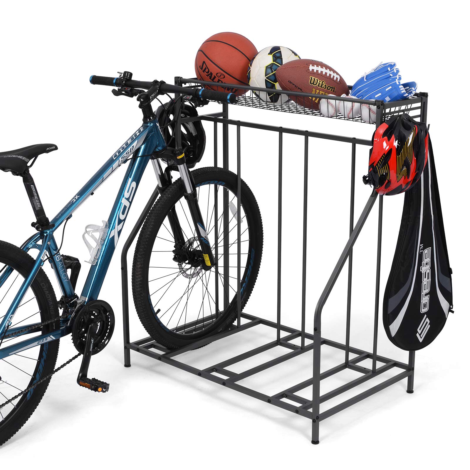 Bike Stand Rack, 3 Bicycle Floor Parking Stand, Bike Rack Garage Organizer with Storage Basket & Hooks,3 Widths Adjustable Bike Slot for Mountain, Hybrid, Indoor Outdoor Bike Storage Station