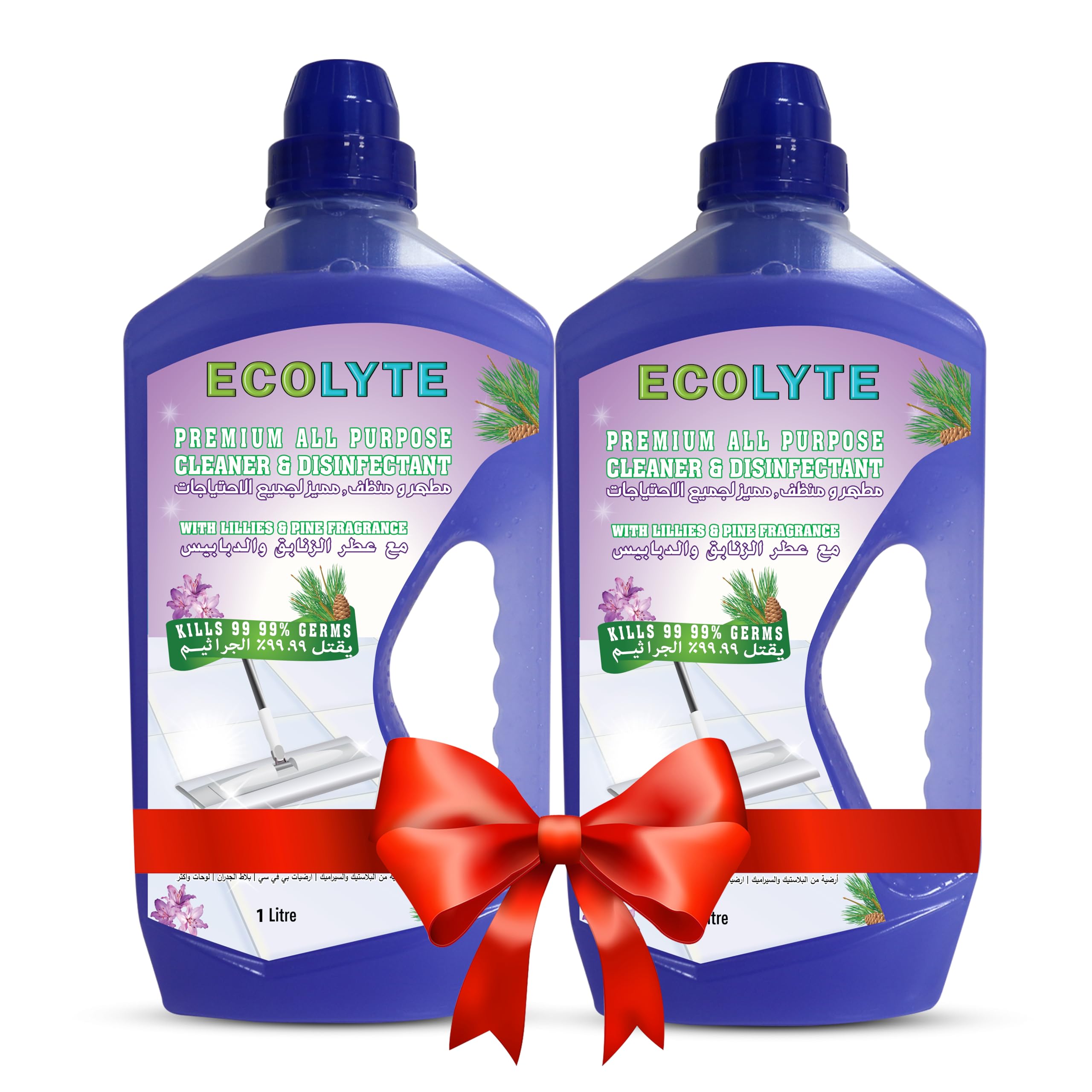 Ecolyte Premium Floor Cleaner All Purpose Cleaner Plus Disinfectant, for Hospital, Home, Office & Commercial Use for Dirt, Stains & Germs, Floor Cleaning, (Lillies & Pine - 1 Liter, Pack of 2)