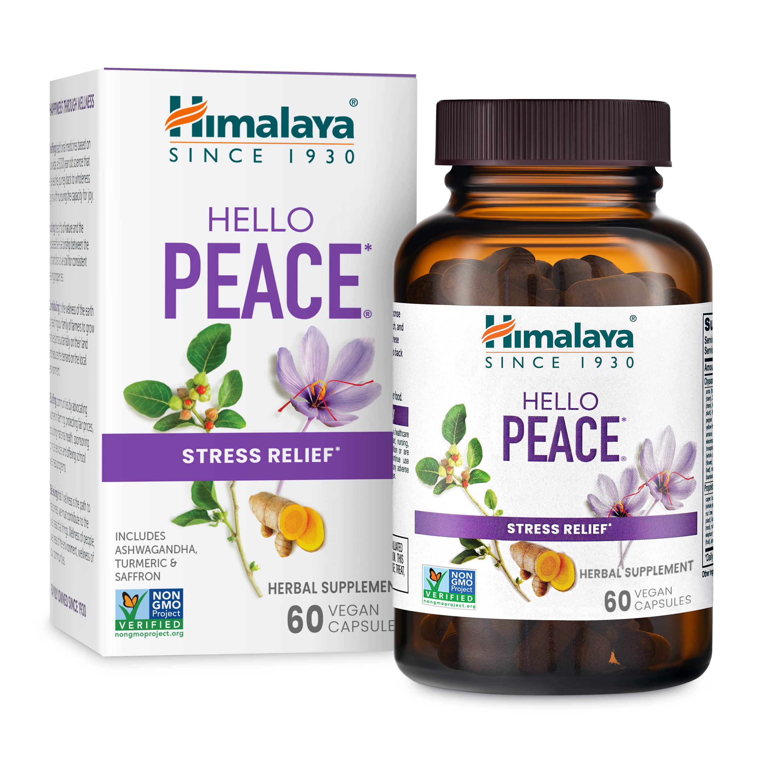 HimalayaHello Peace, Daily Stress Relief Herbal Supplement, Ashwagandha, Turmeric, Saffron, Eases Nervousness, Relaxation and Calm, Balances Cortisol, Non-GMO, Vegan, 60 Capsules, 30 Day Supply