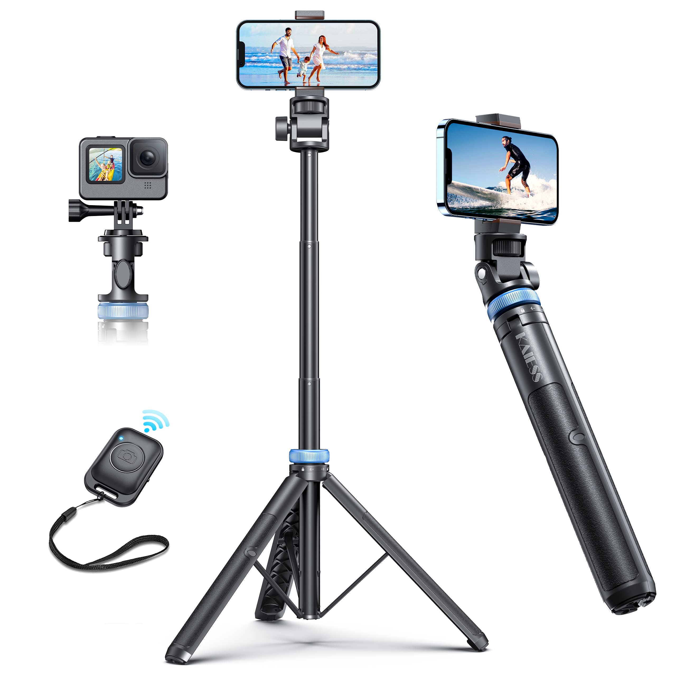 Kaiess62" Tripod for iPhone, Selfie Stick Tripod & Phone Tripod Stand with Remote, Cell Phone Tripod for iPhone, Extendable Travel Tripod Compatible with iPhone 15/14/13 Pro Max/Android