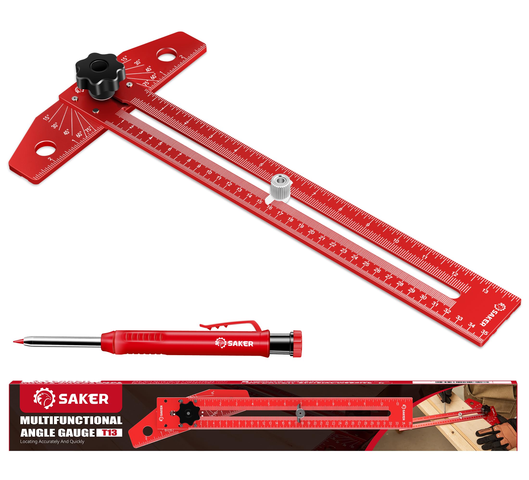 Saker Woodworking Scriber Marking Line Ruler, Adjustable Aluminum Alloy Sliding T-Square Ruler,Precision Line Drawing aid Ruler with Angle Adjustment Scale