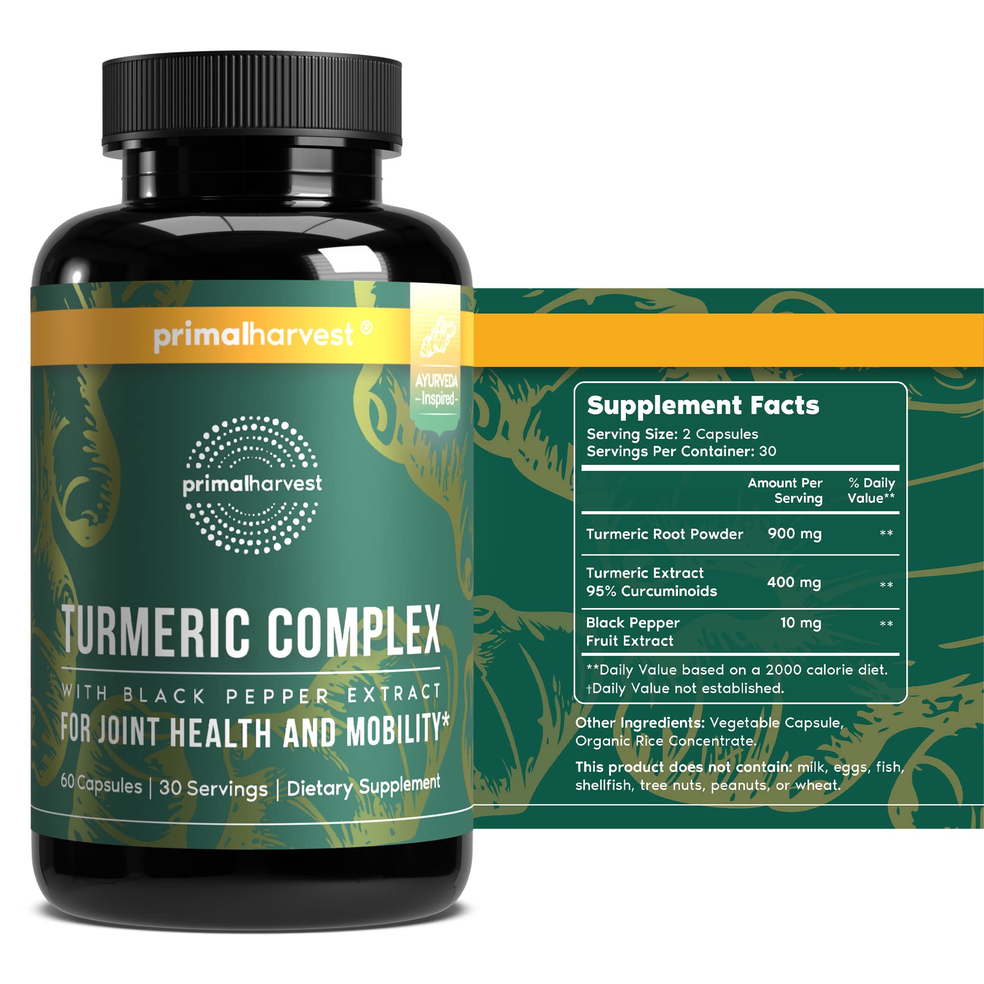 Primal Harvest 1 Pack, Primal Turmeric Complex w/Black Pepper Extract, Joint and Mobility Support Supplement for Women & Men, 60 Capsules