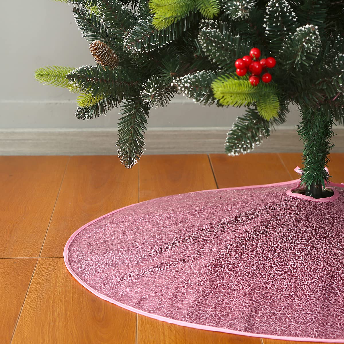 Valorcielo Sequin Christmas Tree Skirt,Glittery Xmas Tree Mat(Pink, 36 Inches)