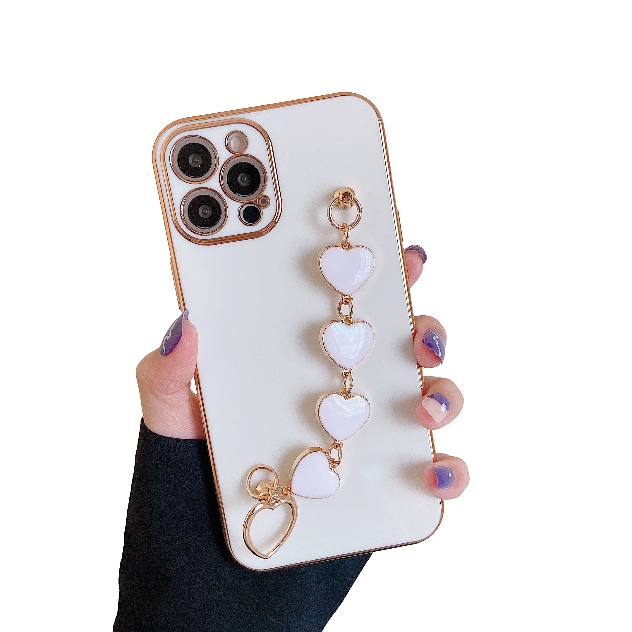 MVYNO Classy Cover with Back Holder for iPhone 13 | Pretty Elegant Case (Silicone, iPhone 13, White Hearts Holder)