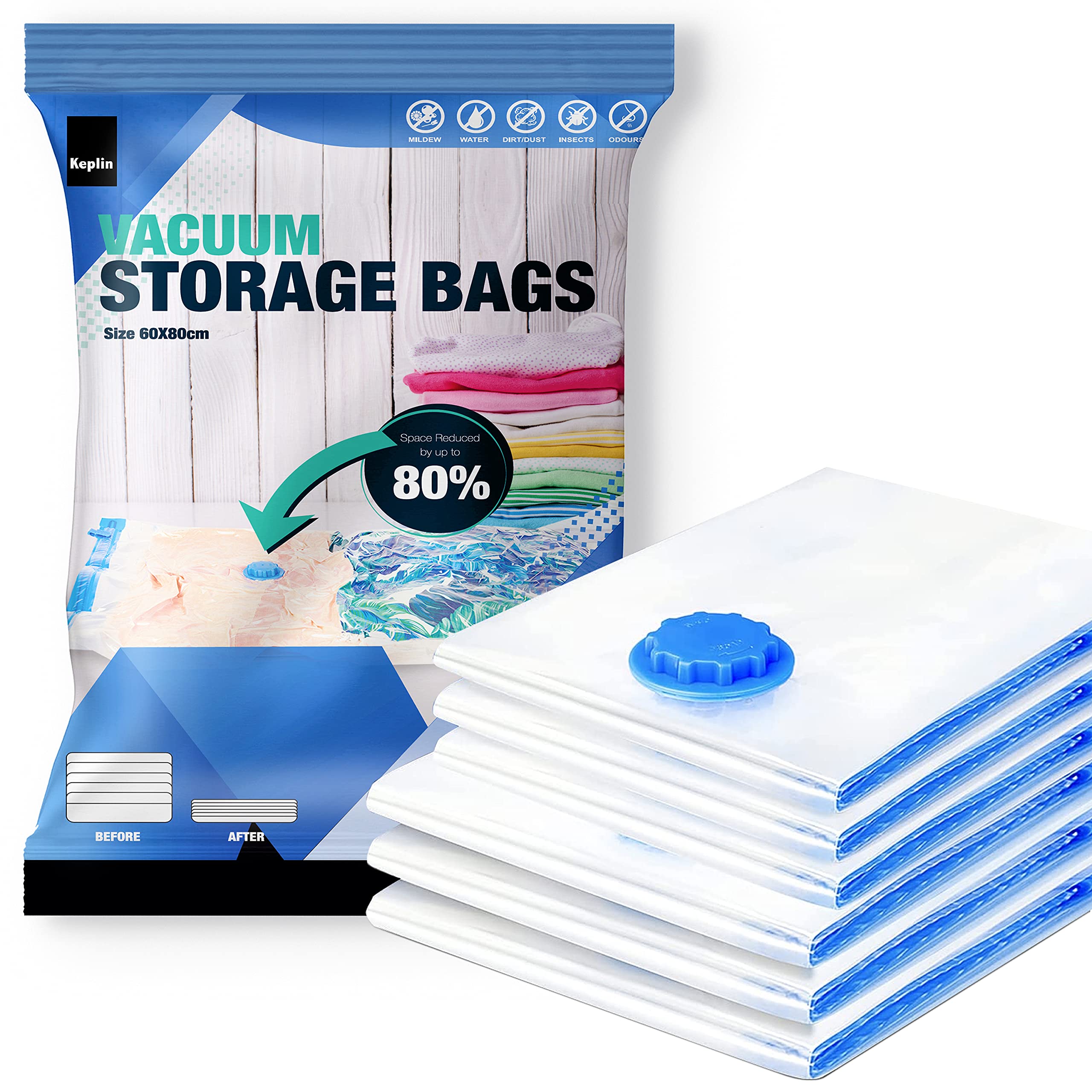 KEPLINKEPLIN Vacuum Storage Bags | Maximise Space and Store Clothes, Bedding, Towels, Duvet & Pillow | Space Saver Air Suction Bag with Secure Double Zip + Valve | 6 Pack Large (60cm x 80 cm)