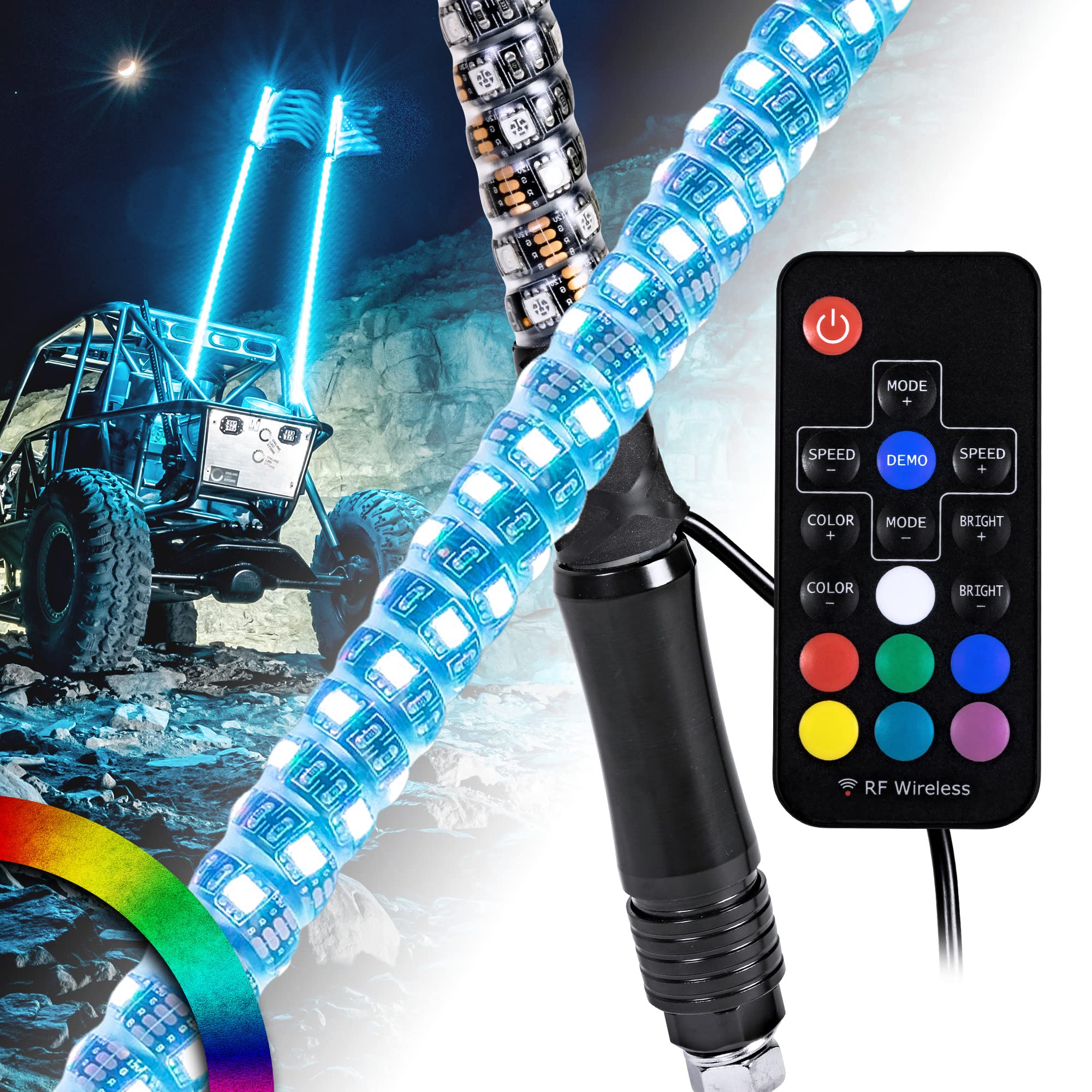 True Mods 2pc 4ft Spiral RGB LED Whip Light for UTV ATV [RF Wireless Remote] Flag Waterproof LED Lighted Whip CB Antenna Pole Stick for RZR Can-Am Polaris SxS 4x4 Quad Dune Buggy 4 Wheeler Accessories