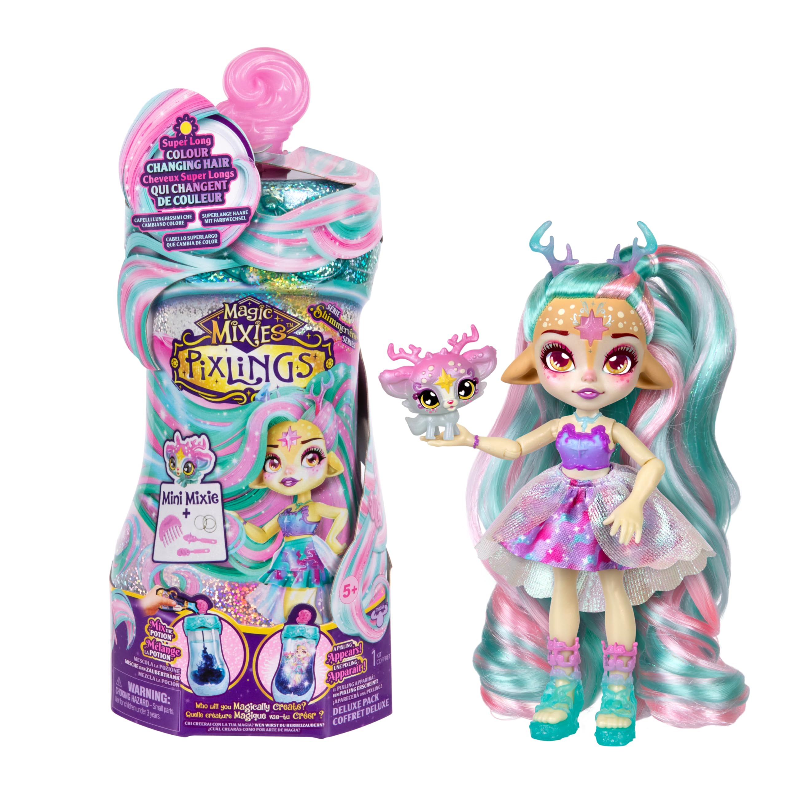 Magic Mixies Pixlings Deluxe Pack, Deerlee The Deer, Shimmer Reveal, Create & Mix Potion That Magically Reveals 6.5" Pixling Doll Inside Potion Bottle - Exclusive Mini Mixies & 6 Hair Accessories