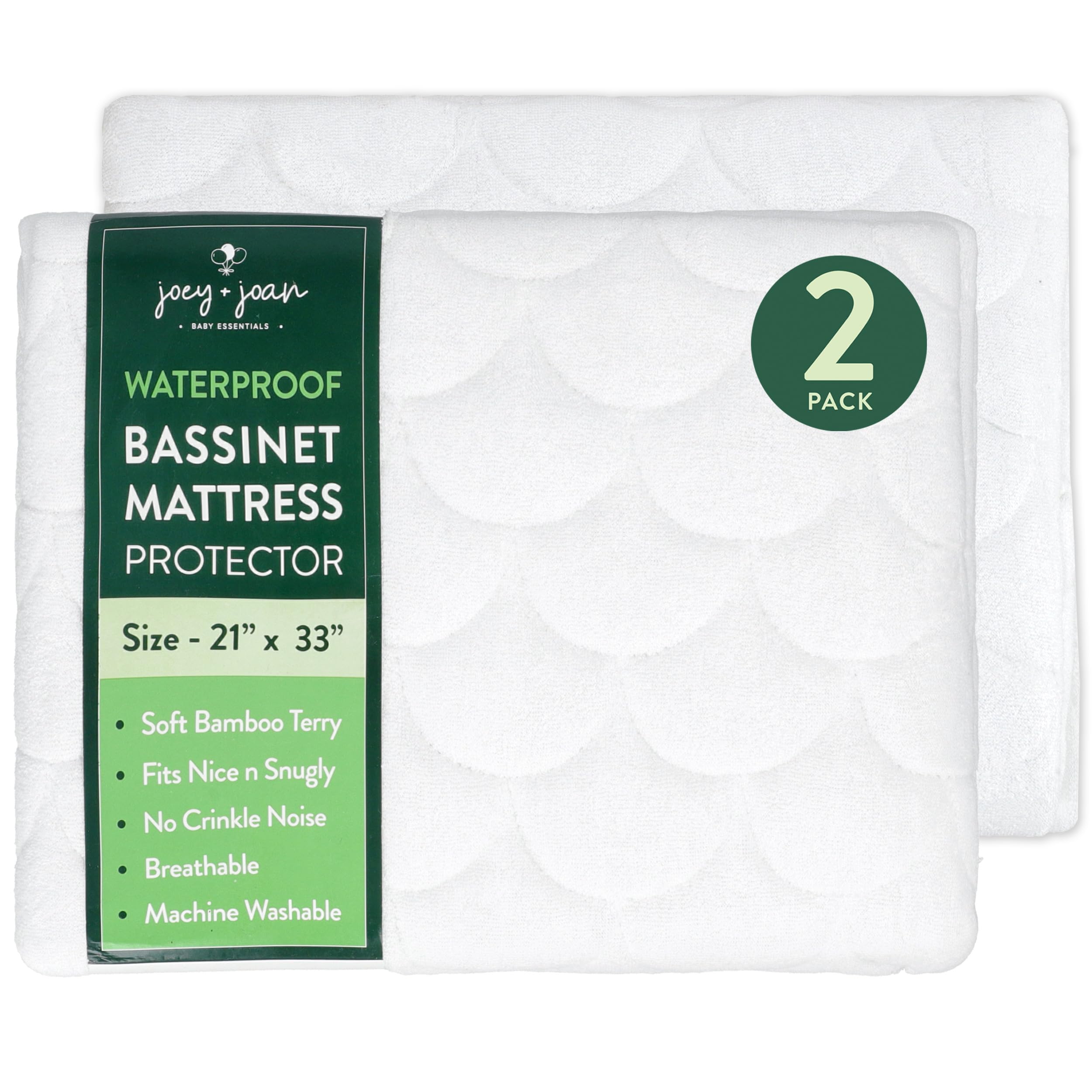 Joey + JoanWaterproof Bassinet Mattress Pad Cover Compatible with AMKE Baby Bassinet & Bedside Sleepers – 2 Pack Quilted Mattress Protector Made from Ultra Soft Bamboo Viscose Terry – 21" x 33"