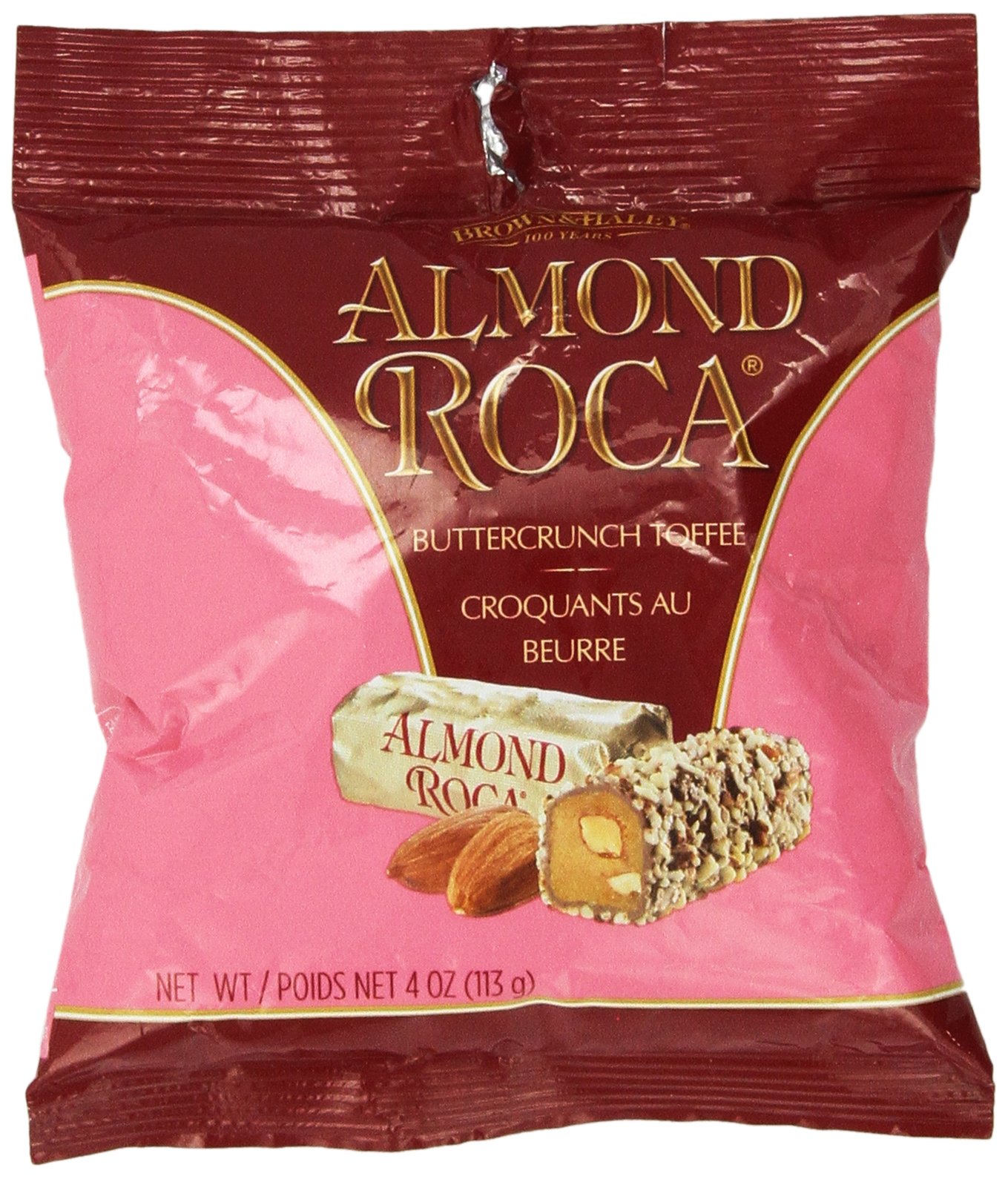 Brown & Haley ALMOND ROCA Hang Bag - The Original Buttercrunch Toffee with Almonds - Individually Wrapped Candy - Chocolate Candy with Almonds and Toffee - Gluten Free Kosher Candy - 4 oz Bag