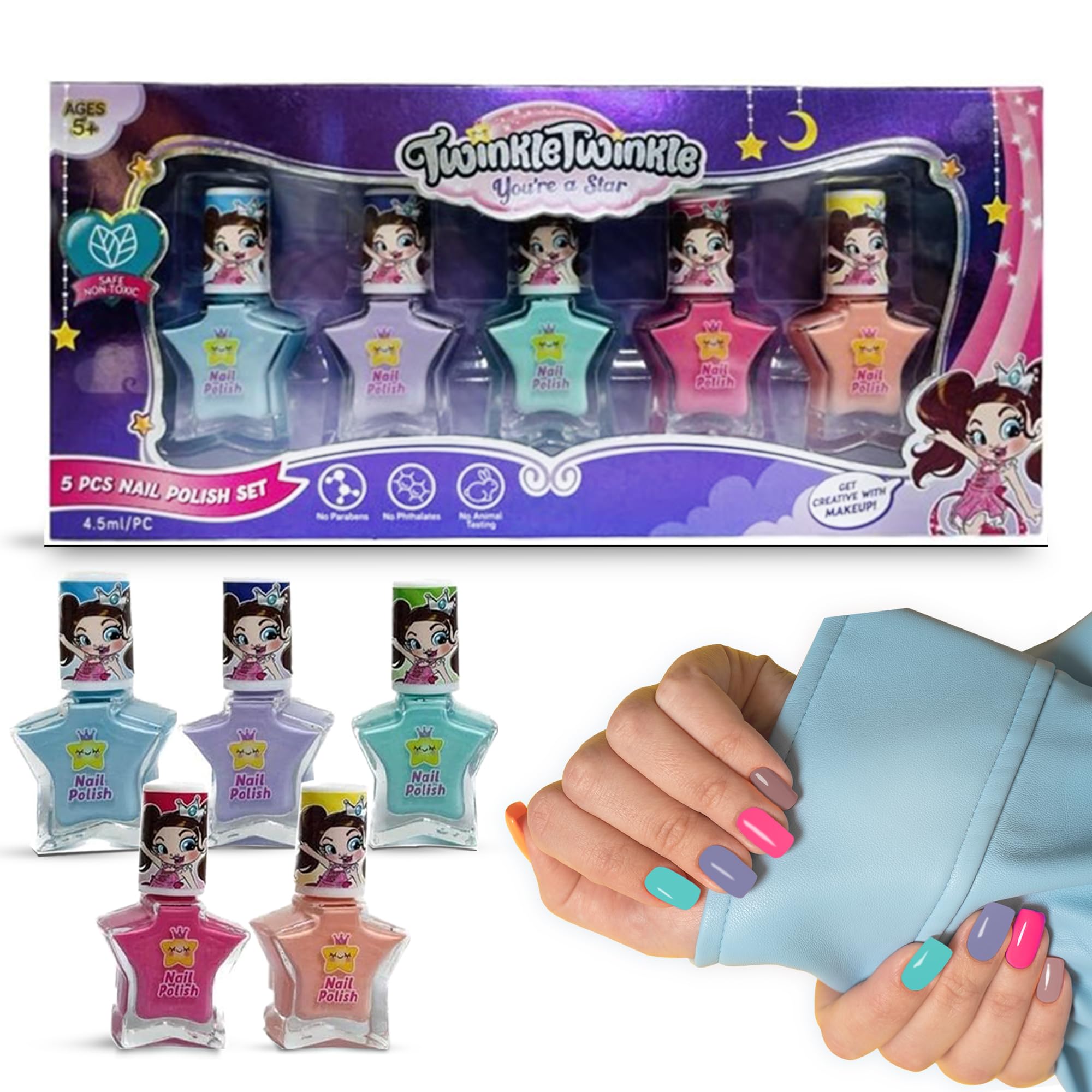 Twinkle Twinkle 5 Pcs Nail Polish Set, Non-Toxic Peel-Off Water-Based Safe Quick Dry Nail Polish Kit, Birthday Gift Nail Paint Set for Girls/Kids Ages 5+