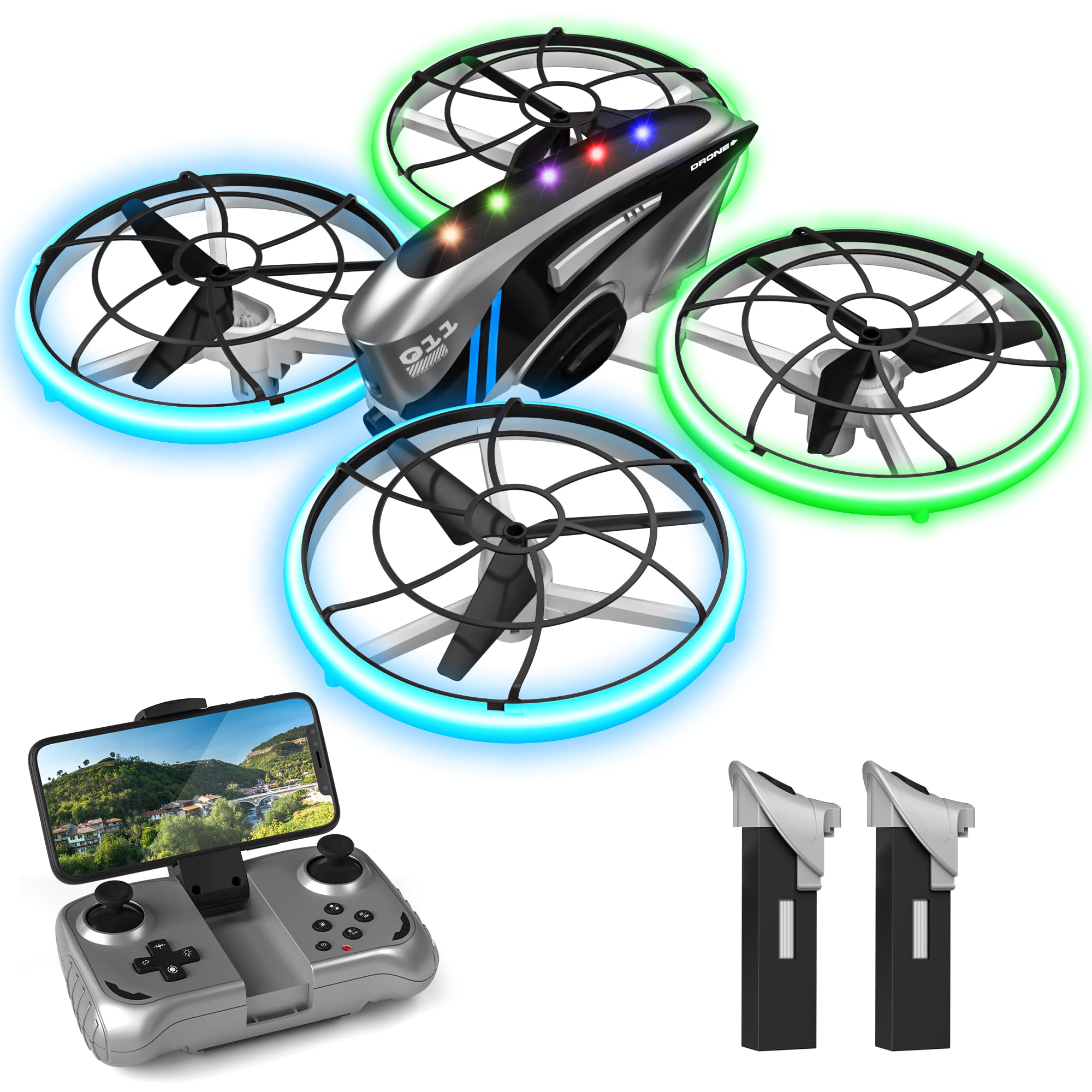 RC Drone with 4K Camera for Kids Adults,Drone Gifts Toys for Kids Boys Girls,RC Quadcopter with Cool LED Light,Auto Hover and Long Flight Time,Full Protect Guard Durable & Safe Drone for Beginners