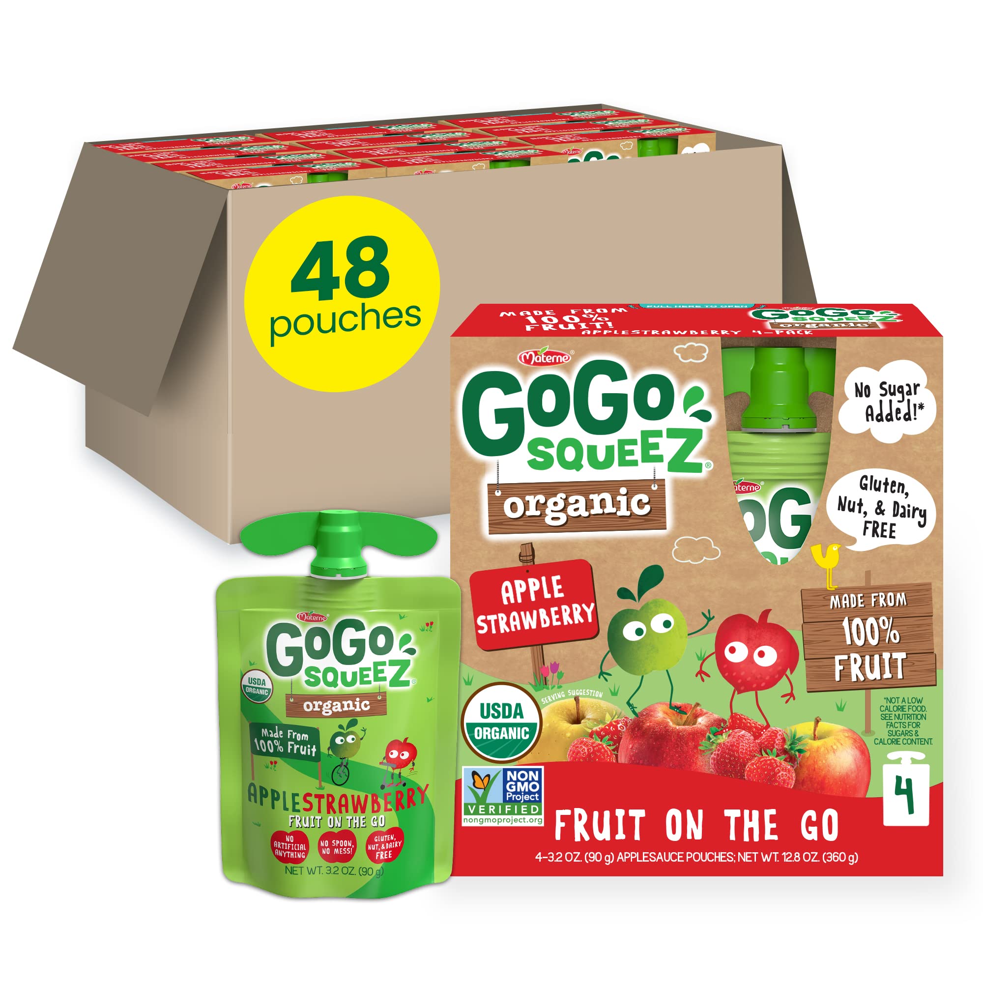 GoGo squeeZ Fruit on the Go Organic, Apple Strawberry, 3.2 oz (Pack of 48), Unsweetened Organic Fruit Snacks for Kids, Gluten Free, Nut Free and Dairy Free, Recloseable Cap, BPA Free Pouches