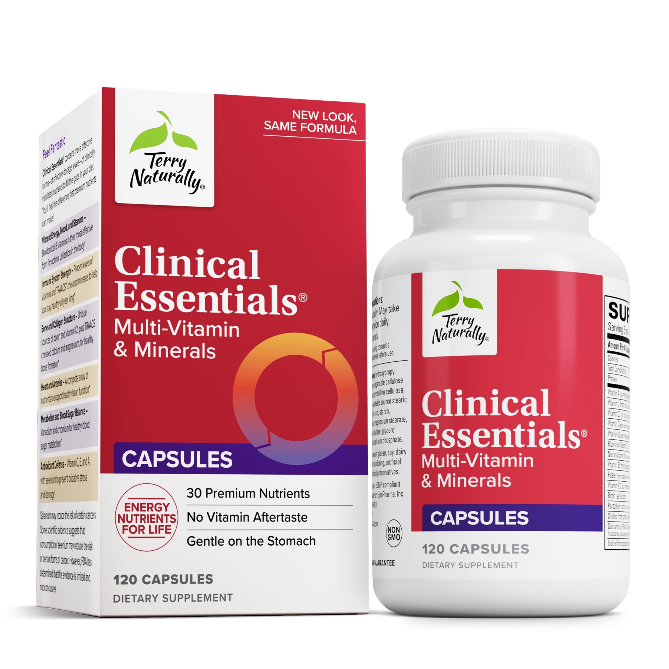 Terry Naturally Clinical Essentials - 120 Capsules - Multi-Vitamin & Minerals - Gentle on The Stomach, No Vitamin Aftertaste - Non-GMO, Gluten Free - 30 Servings