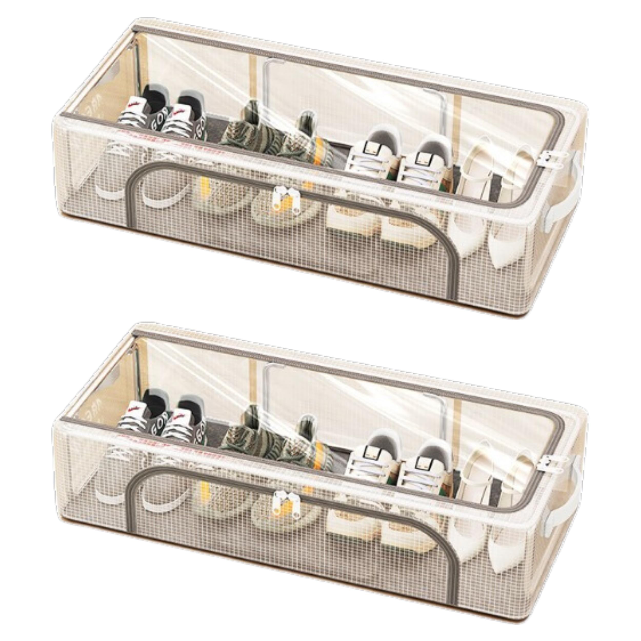 BRISEED™ Shoe Storage Organizer Set of 2 - Durable Transparent PVC material with Steel Frame, Stackable and Foldable, fit Underbed, Space Saving Design, Top & Side Access