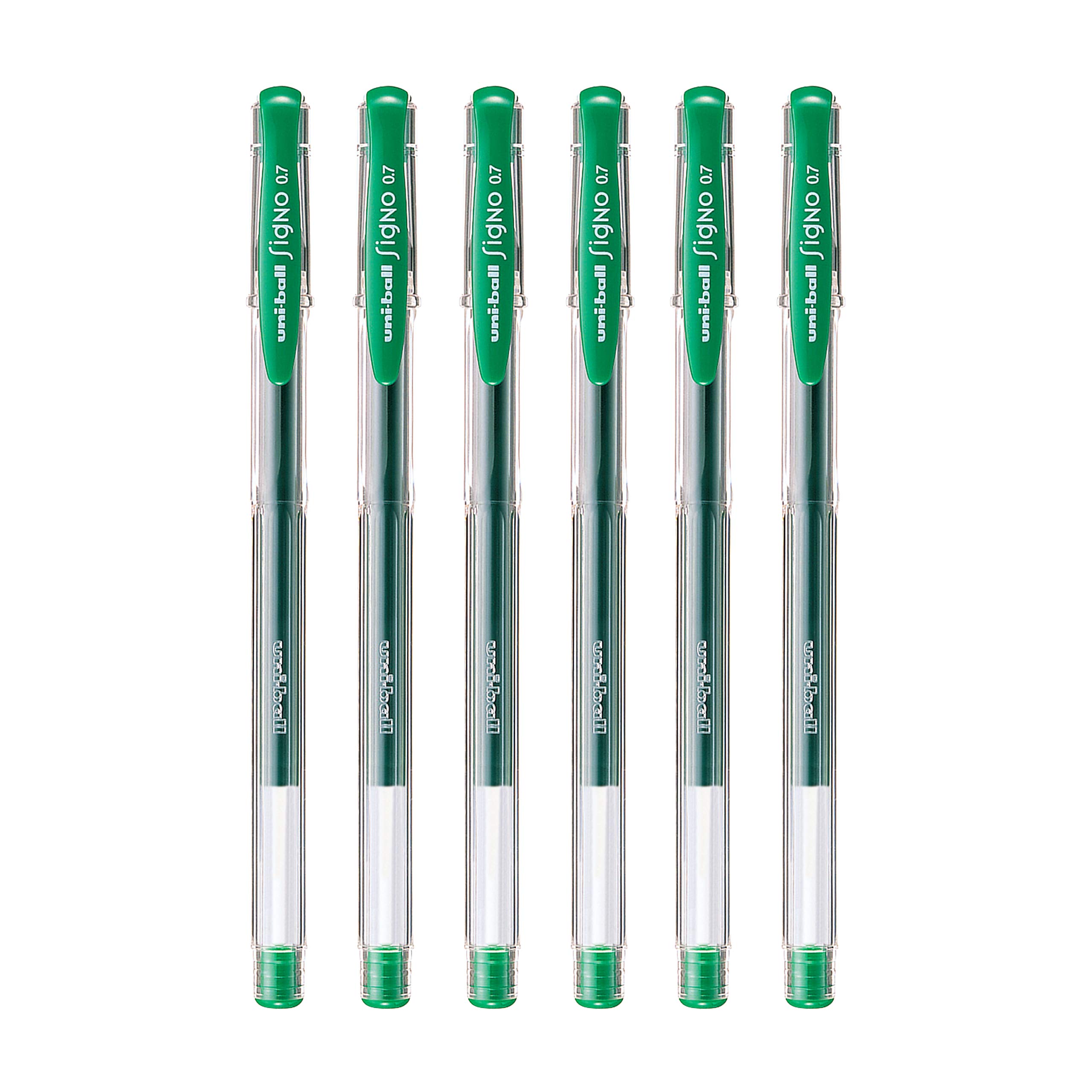 UNI-BALL Signo UM-100 0.7mm Gel Pen | Extremely Quick Drying Ink | Transparent Sleek Body | Smooth Long Lasting Smudge Free Ink | School and Office stationery | Green Ink, Pack of 6