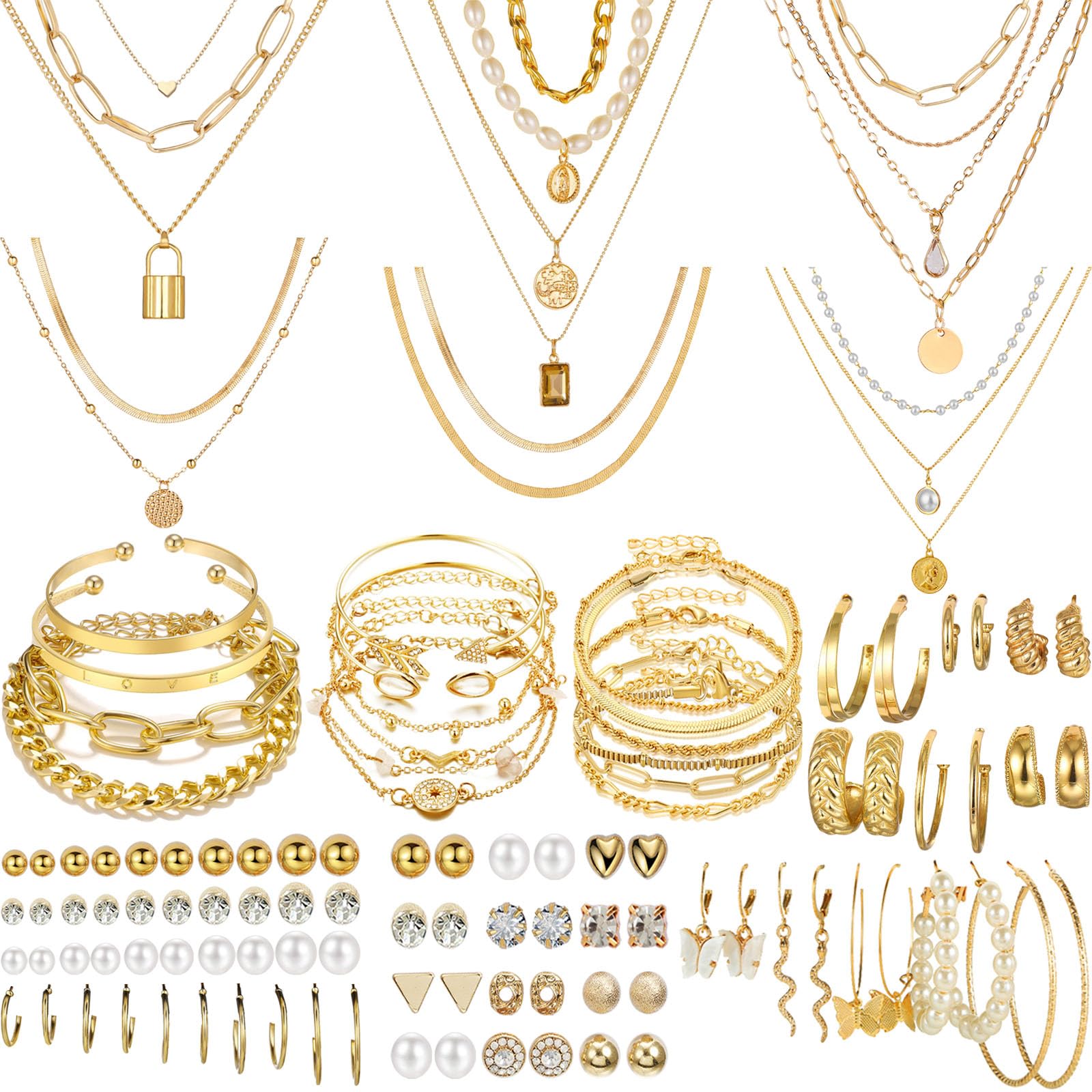 NEWITIN69 Pieces Gold Jewelry Set for Women Fashion Costume Jewelry Gold Plated Necklace Bracelet Gold Earrings Set for Women