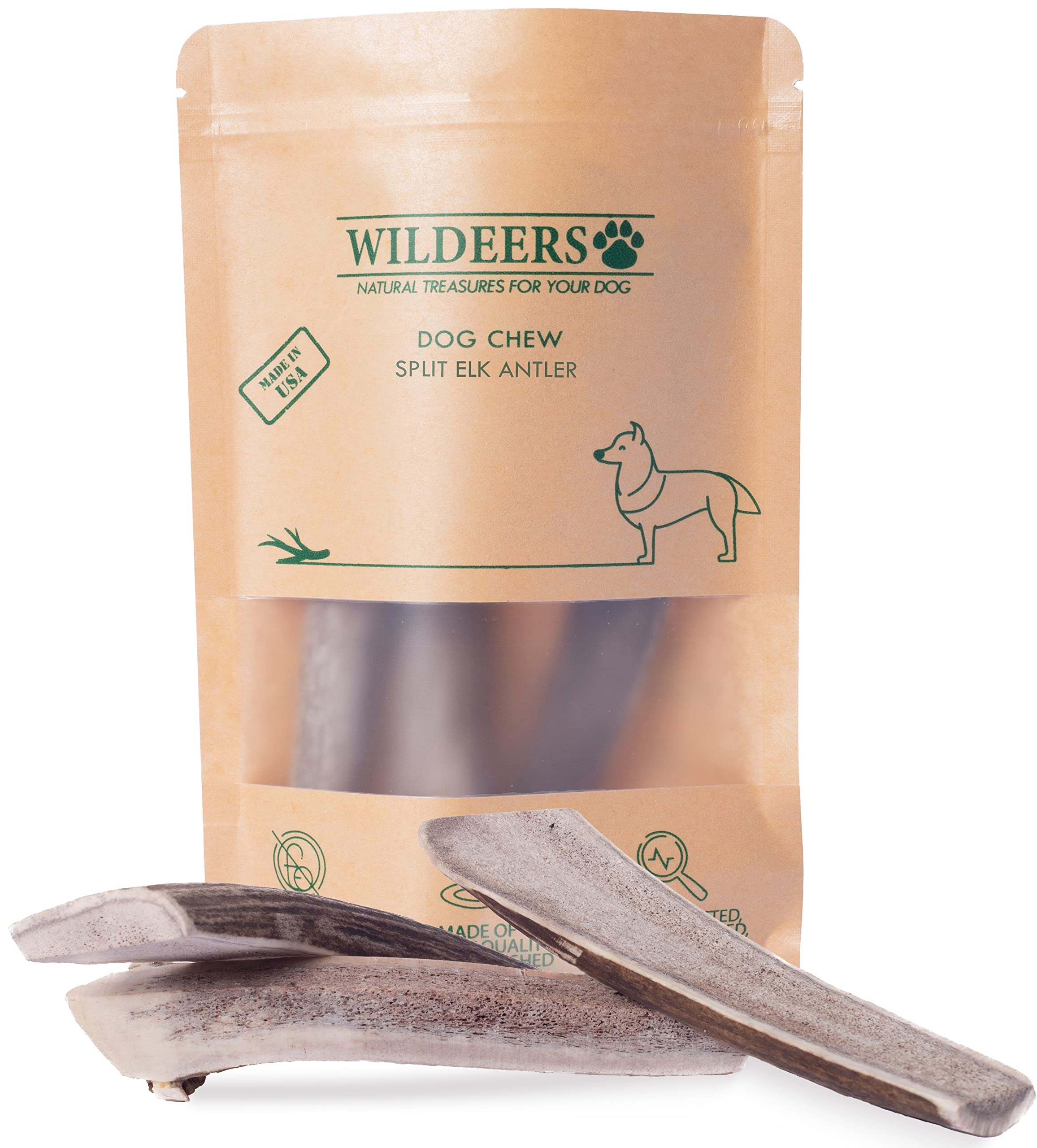 Wildeers Split Antlers for Dogs Medium, 2-Pack, Made in USA, Grade A Elk Antler Dog Chews Bones for Small and Medium Breeds, 5-7" Long, Naturally Shed, Healthy Treat