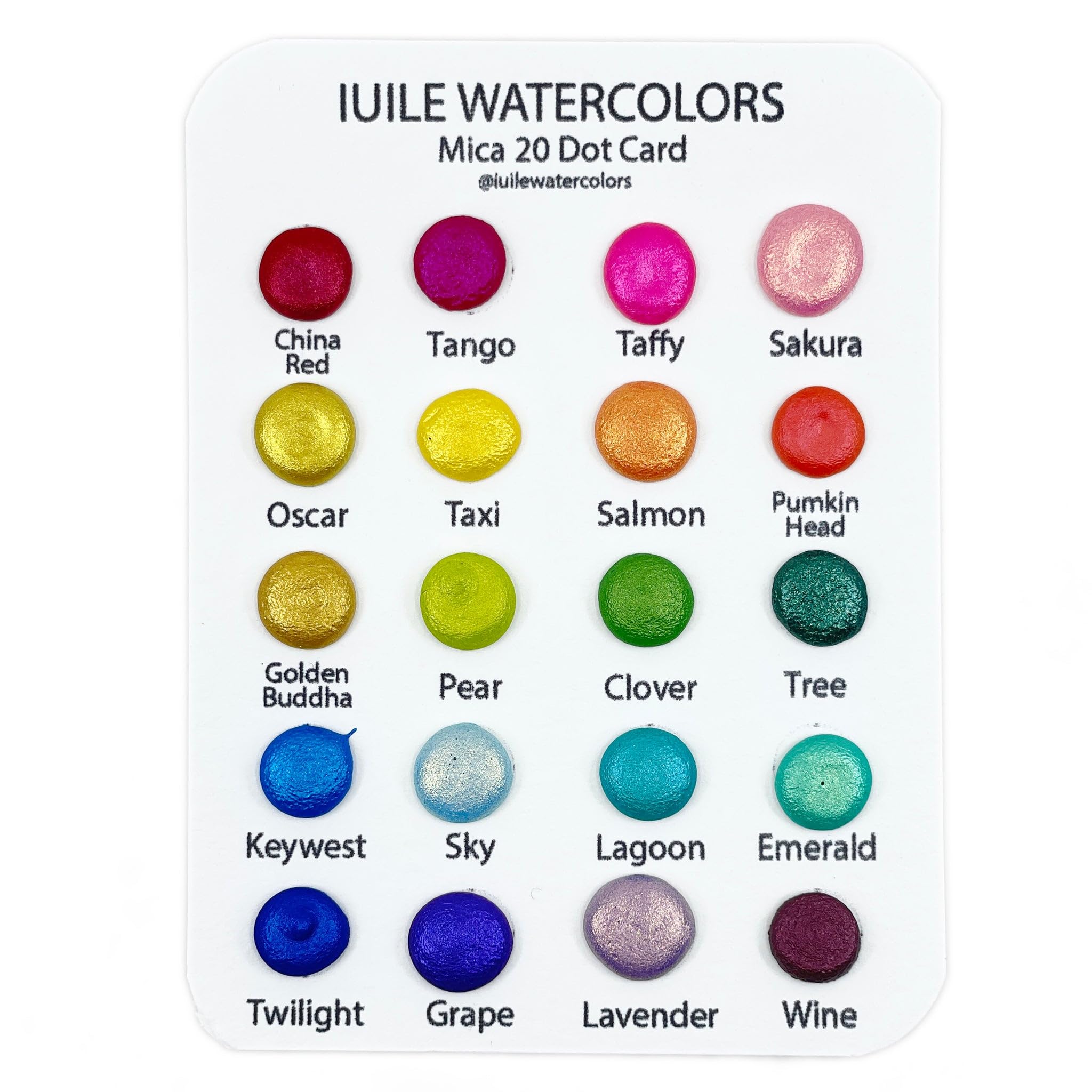 IUILE Handmade Watercolor Paints, Dot Card Testers - Mica 20 Dot Card (20 colors). Metallic, Shiny, Shimmer. For Artists, Illustrators, Students, Hobbyists, Calligraphers