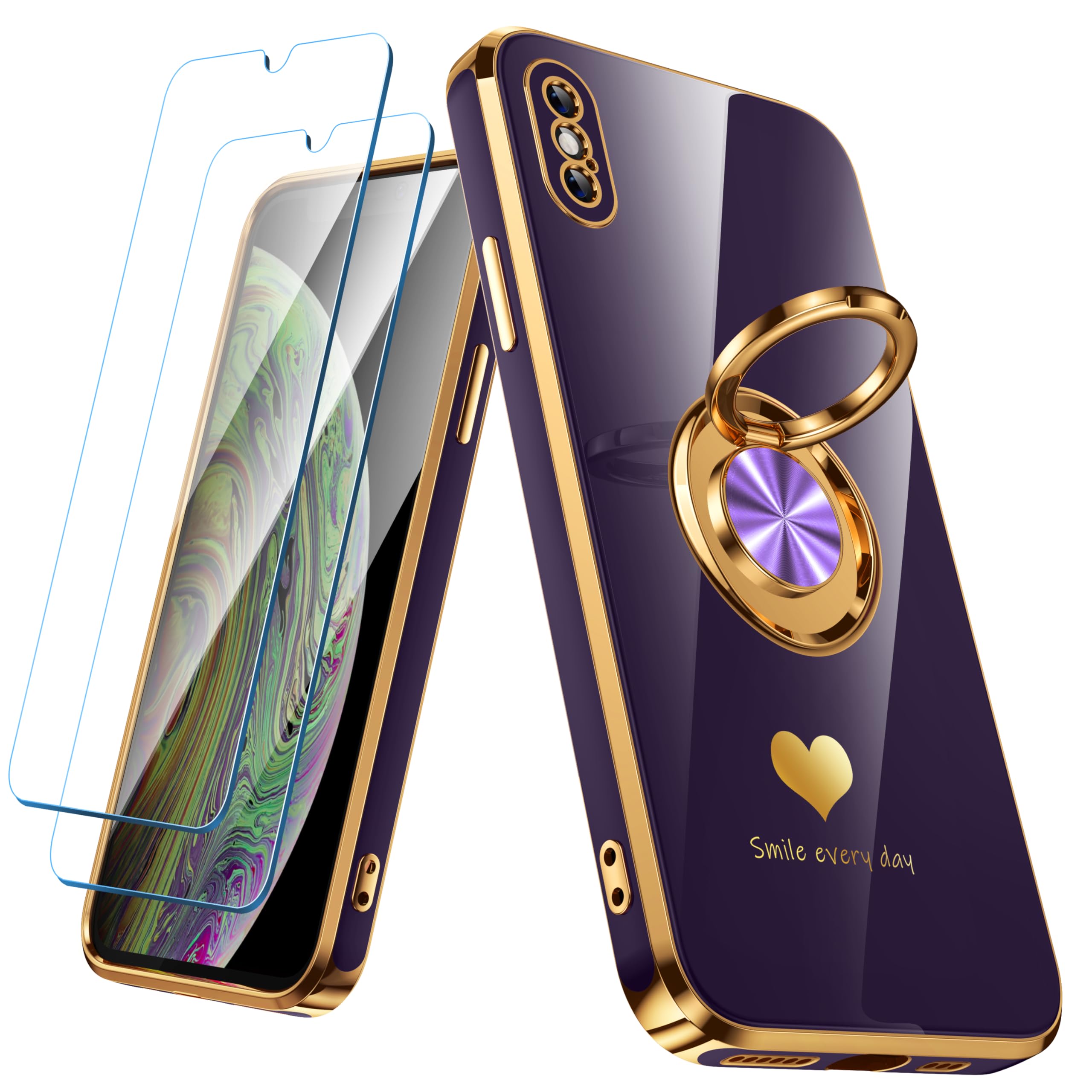 Nonional Compatible for iPhone X/XS Case with 2 Pack Screen Protector, 360° Rotatable Ring Holder [Luxury Hearts Pattern] Plating Gold Edge Slim Soft Phone Case for iPhone X/XS - Purple