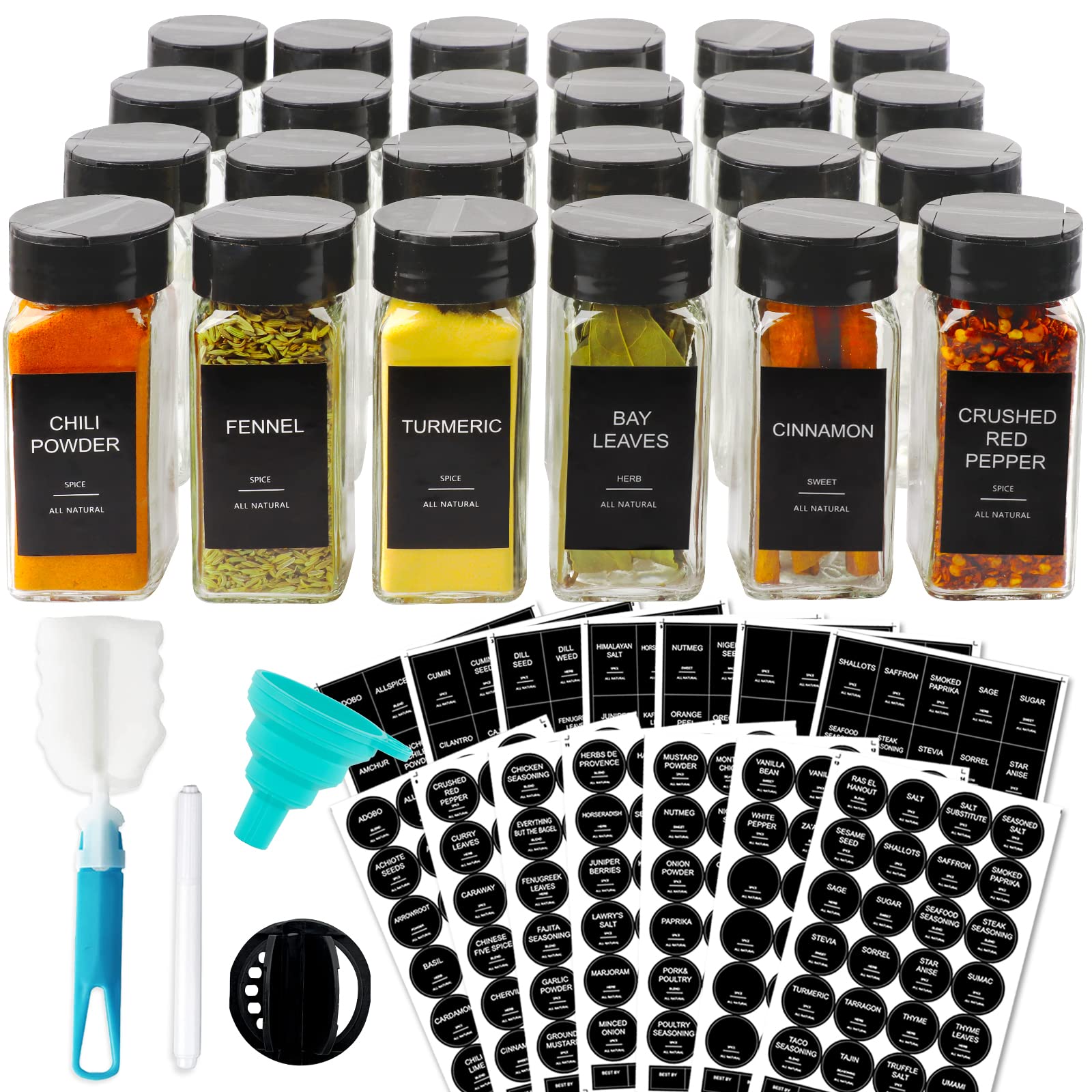 AISIPRIN 24 Pcs Glass Spice Jars with 398 Labels, 4oz Empty Square Containers Small Seasoning Bottles - Funnel, Brush and Marker Included(Black Plastic Lids)