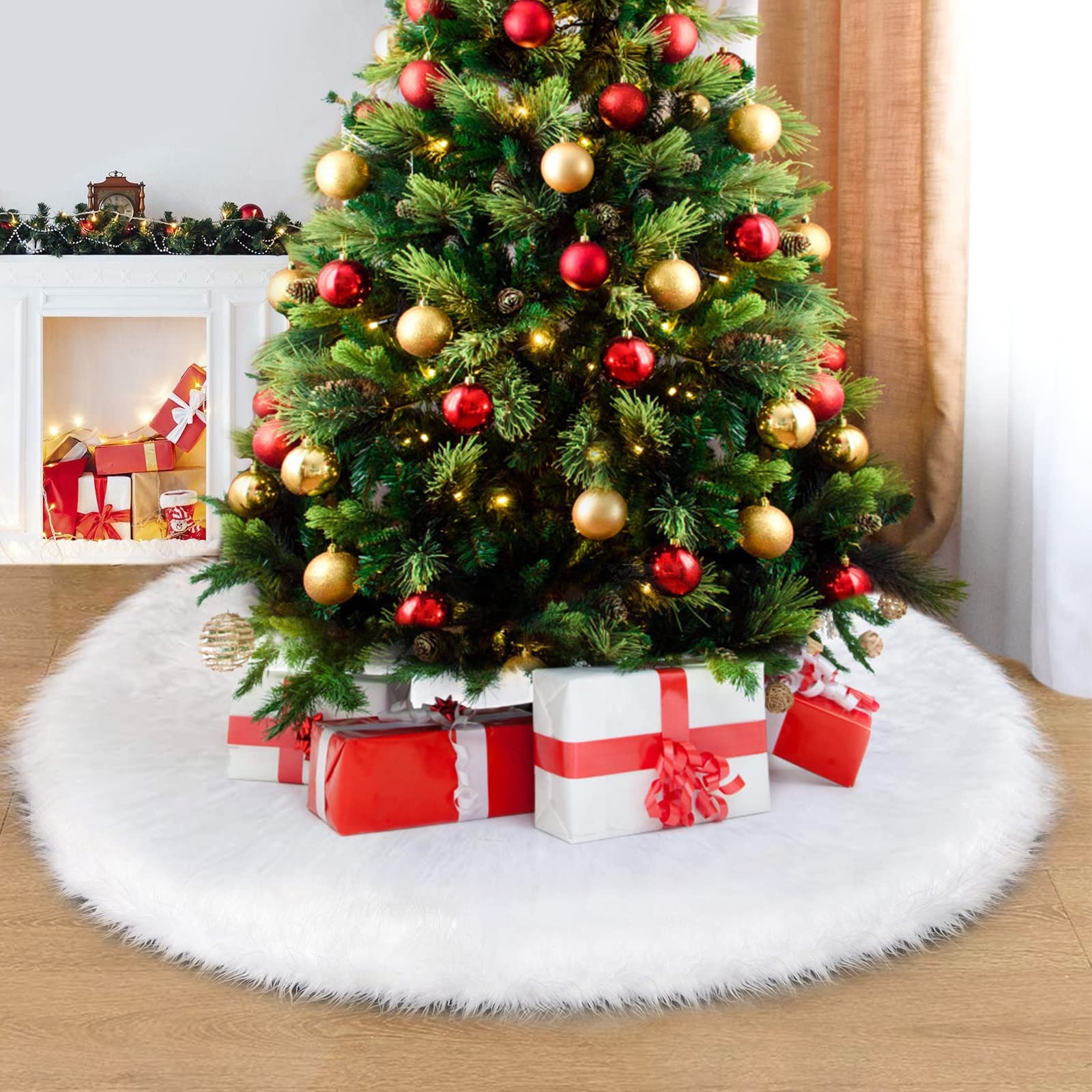 AWLGAK Christmas Tree Skirt 36 inches Snowy White Thick Faux Fur Xmas Tree Skirt for Christmas Decorations White