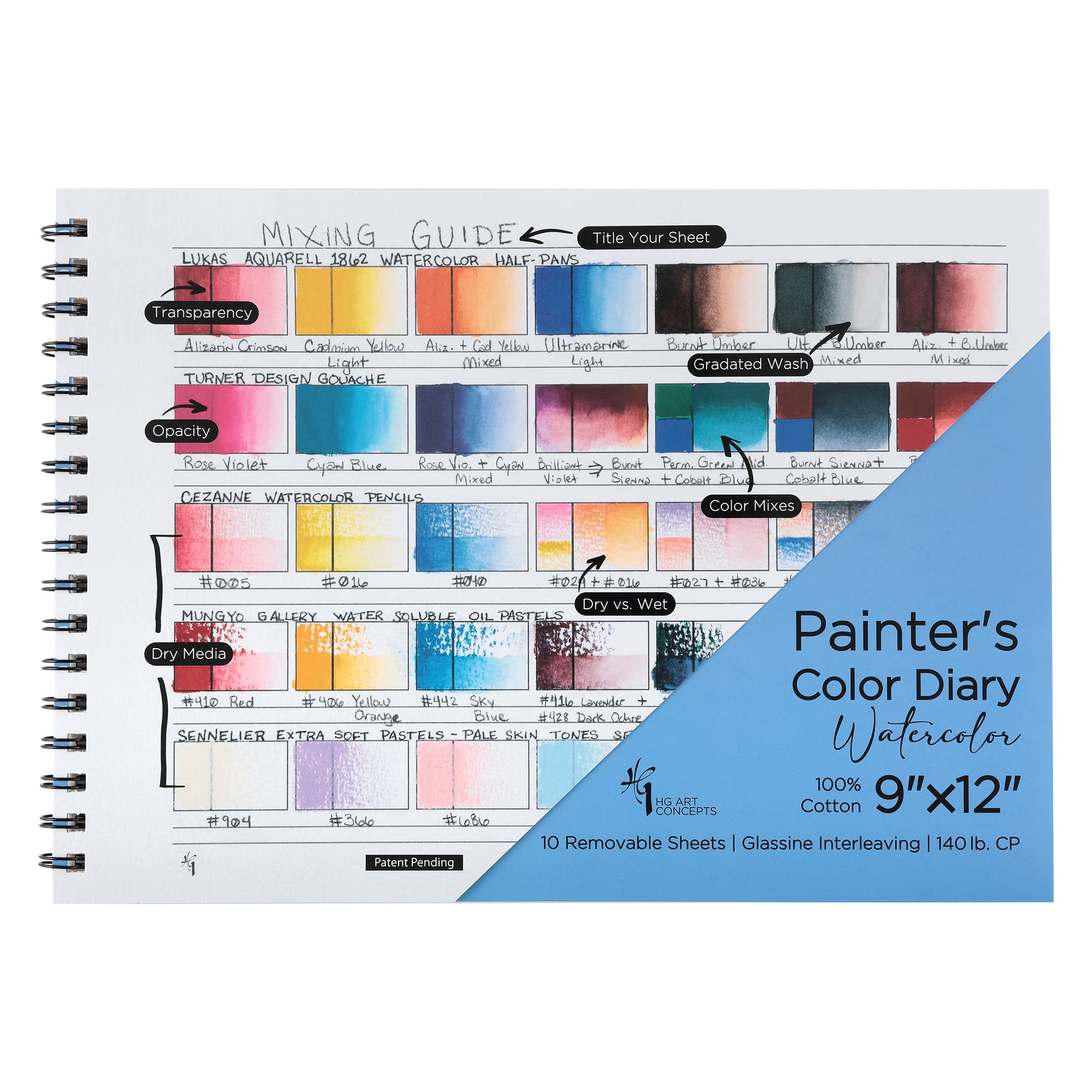 Painters Color Diary - 9x12", 140lb Spiral-Bound Acid-Free Color Swatch Book with 10 Pages for Watercolor & Mixed Media - Single