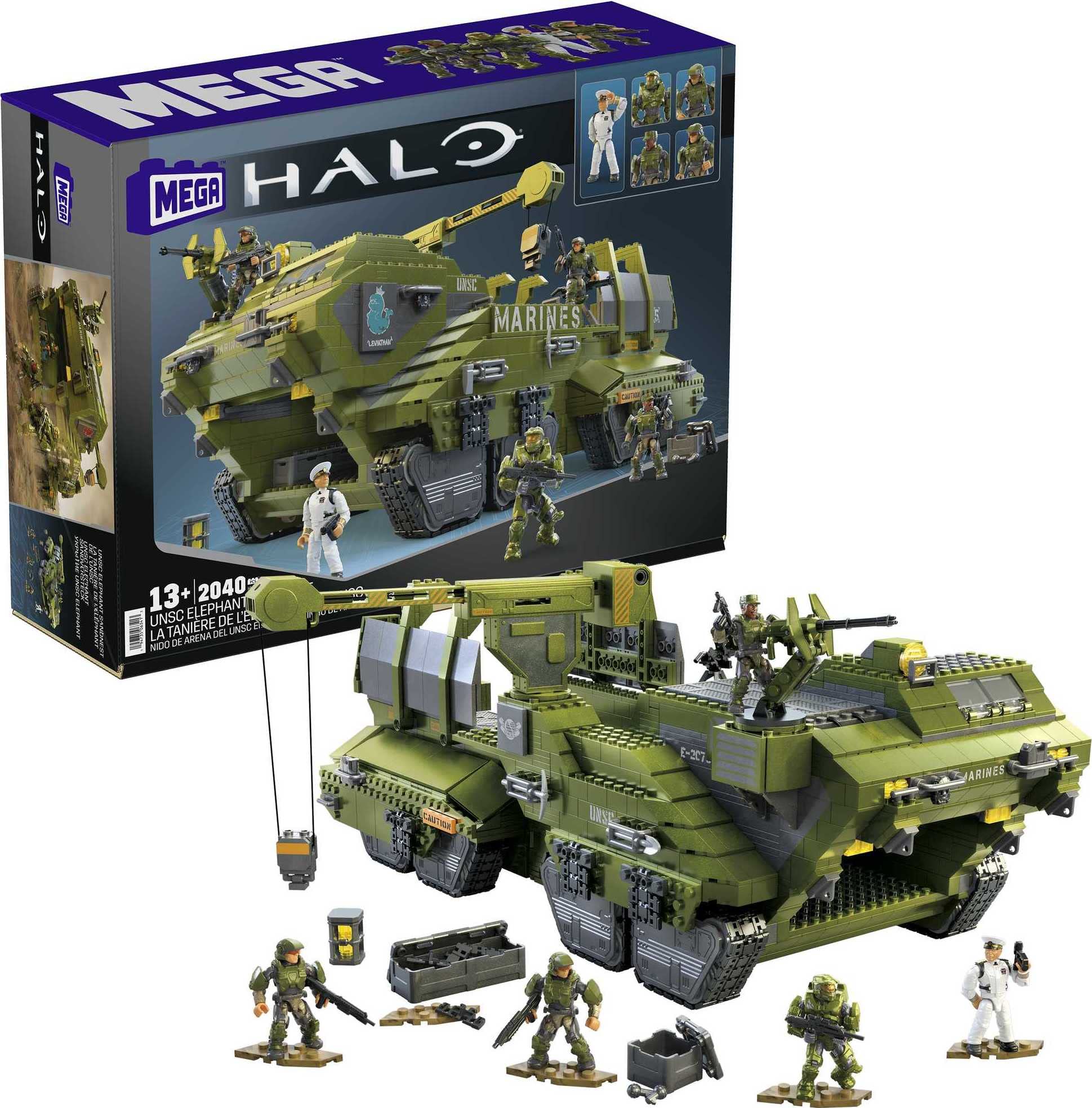 MEGA Halo Infinite Building Toys Set, UNSC Elephant Sandnest Tank with 2041 Pieces, 5 Poseable Articulation Micro Action Figures, Green, Kids and Fans