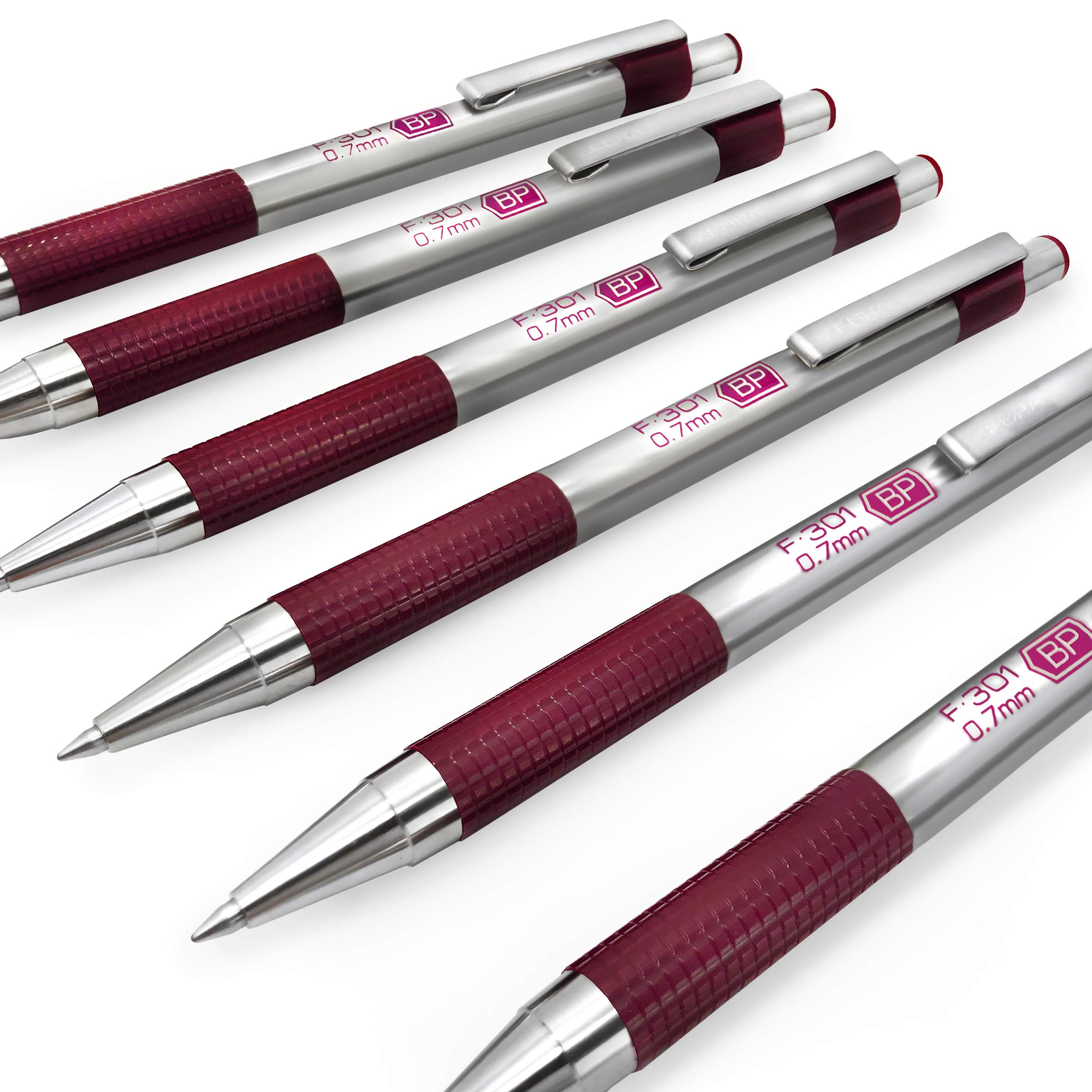 Zebra F-301 - Stainless Steel Retractable Ballpoint Pen - 0.7mm Medium - BLUE Ink - Maroon Barrel - Pack of 6