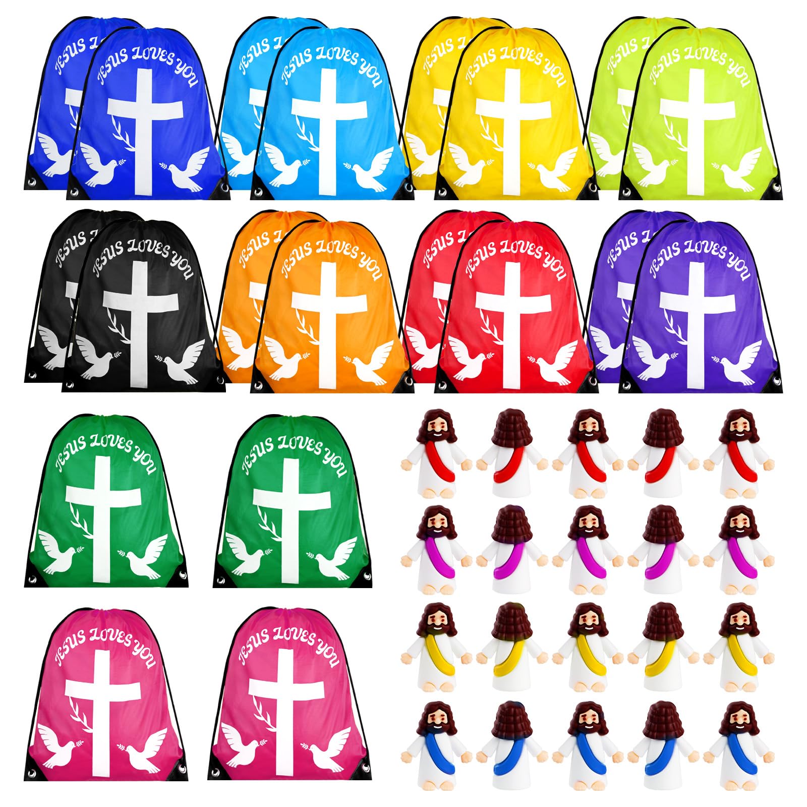 FACULX 20 Pcs Jesus Loves You Drawstring Backpack Bulk Back to School Gifts Christian Religious Gift Bag Polyester Backpack + 20 Pcs Mini Jesus Figures Jesus Loves You Jesus Doll