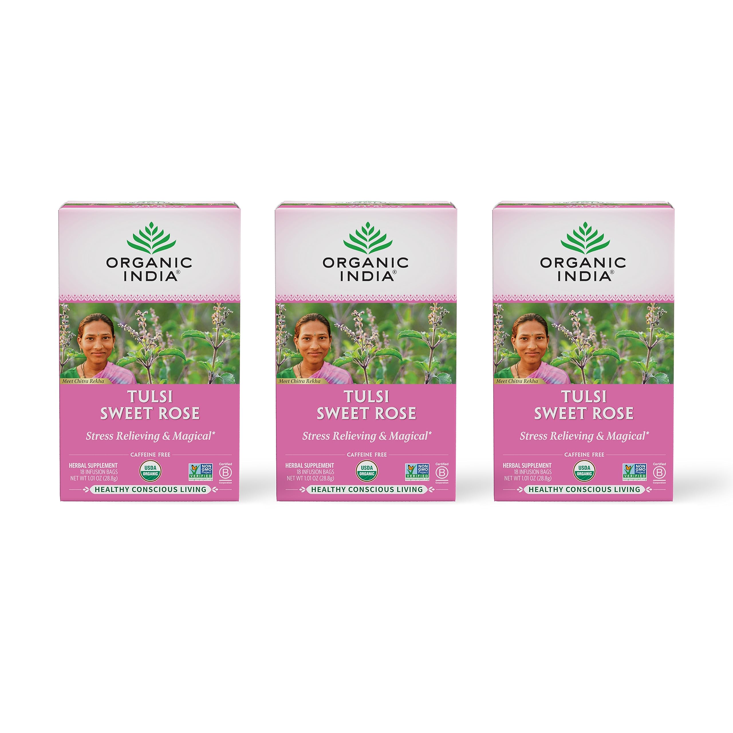 ORGANIC INDIATulsi Sweet Rose Herbal Tea - Holy Basil Leaf, African Basil, Chamomile, Lemon Myrtle, Stress Relieving, Caffeine Free - 18 Bags, 3 Pack