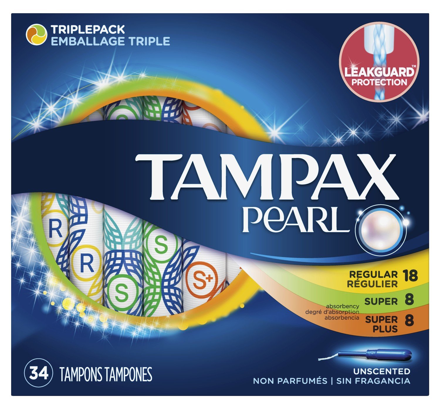 Tampax Tampons Pearl Triple Pack 34 Count Unscented 18 Regular+8 Super+8 (3 Pack)