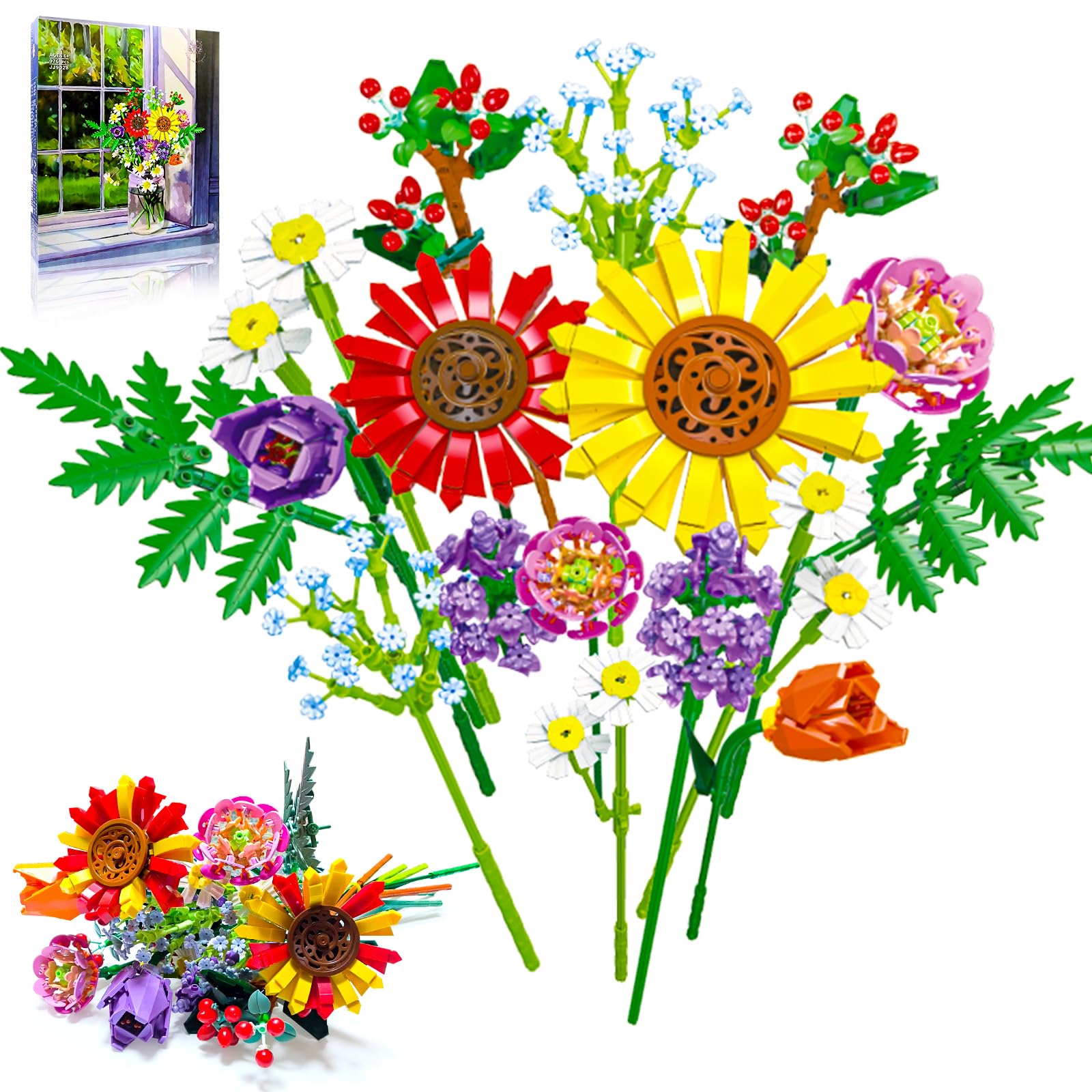 Flower Bouquet Building Set, 17 Artificial Botanical Collection Flowers Building Block Kits DIY Unique Home Decoration Gifts for Thanksgiving Day, Christmas, Mother's Day, or Valentine's Day (976 Pcs)