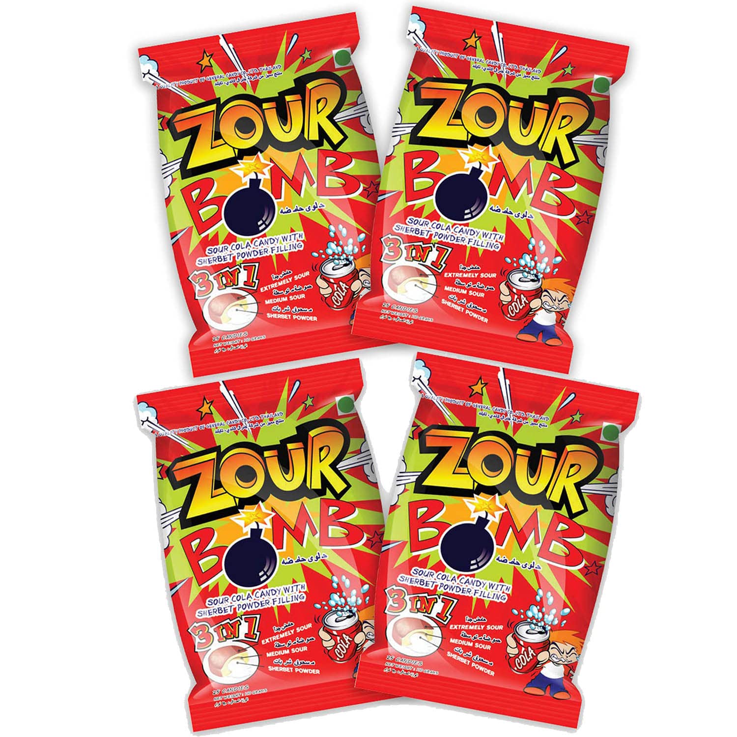 Zour Bomb Cola Candy-Pack Of 4 (110 Gram Each), Sour Candy In Cola Flavor Combo Pack, Product Of Thailand|Share With Friends & Family