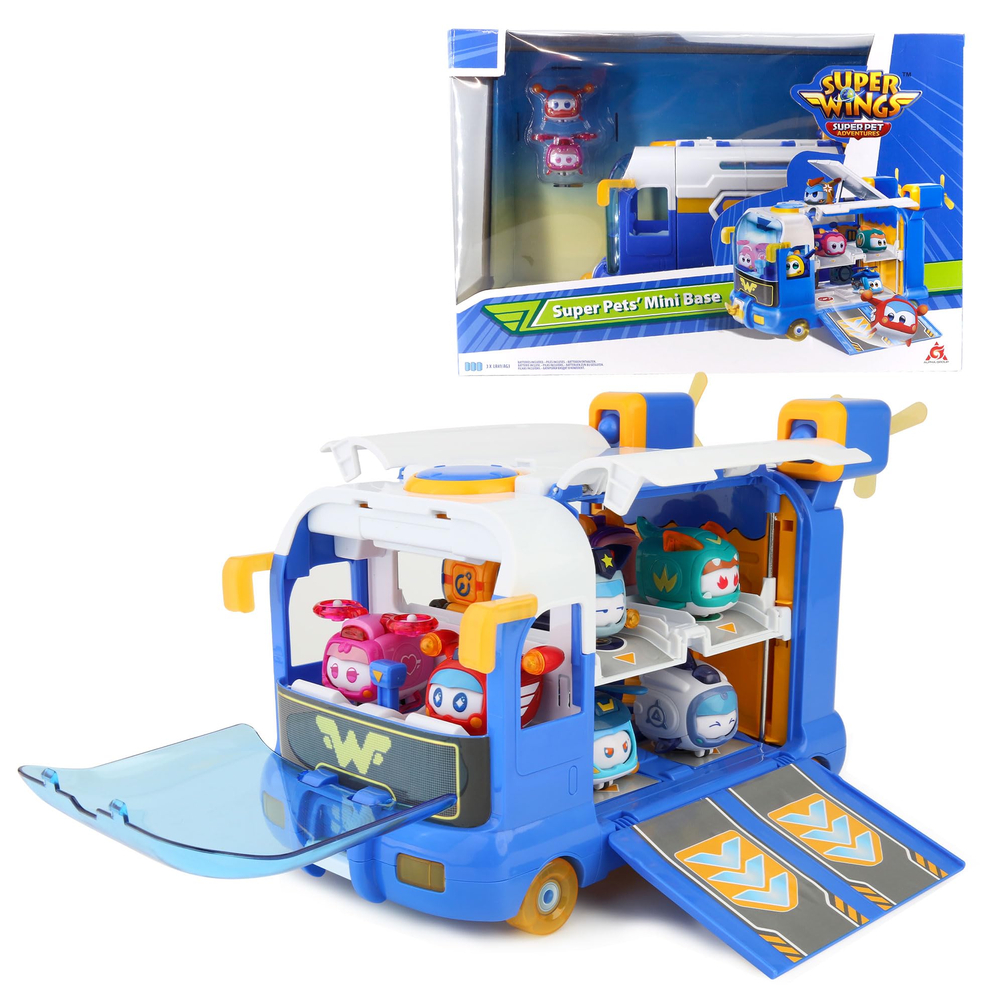 Super Wings Season 7 New Super Pets’ Mini Base，Transforming Playset Transform from Bus to Aircraft , with Super Pets Jett Dizzy, Role Play Toys for Kids, Gifts for Girls Boys Age 3 and Up