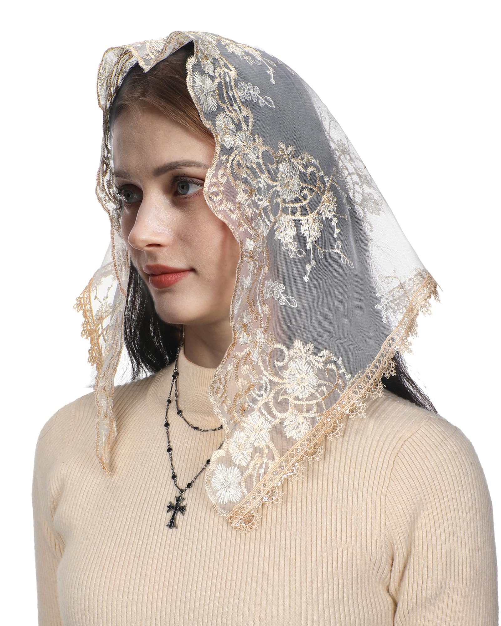 MantveilTriangle Chapel Veil Head Covering Gold Flower Embroidered Lace Mantilla Veils for Catholic Church Bride Wedding