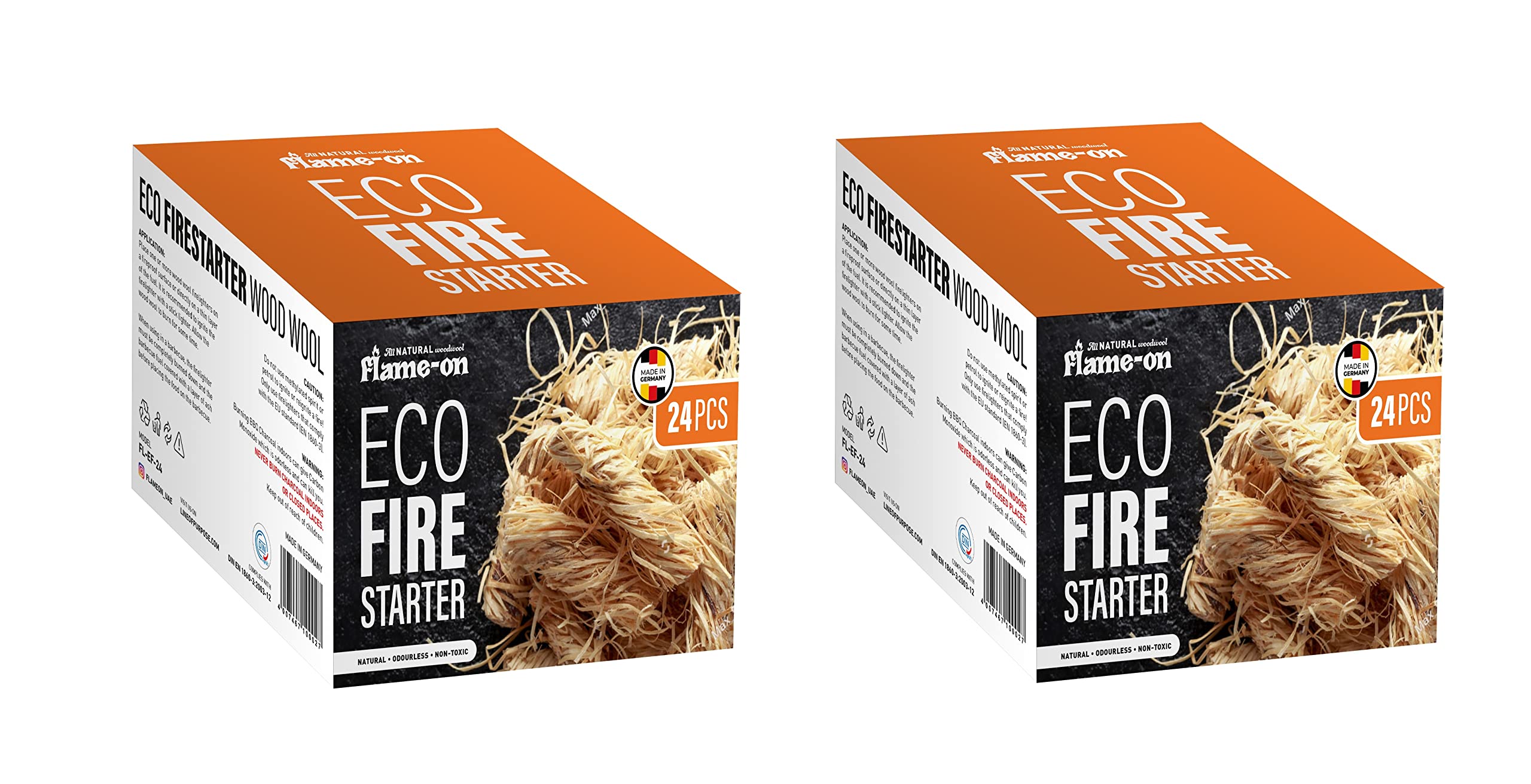 Flame on Organic Wood Wool Quick Light Eco Fire Starters for Grilling, Campfires, and Outdoor Fireplaces (Two Pack)