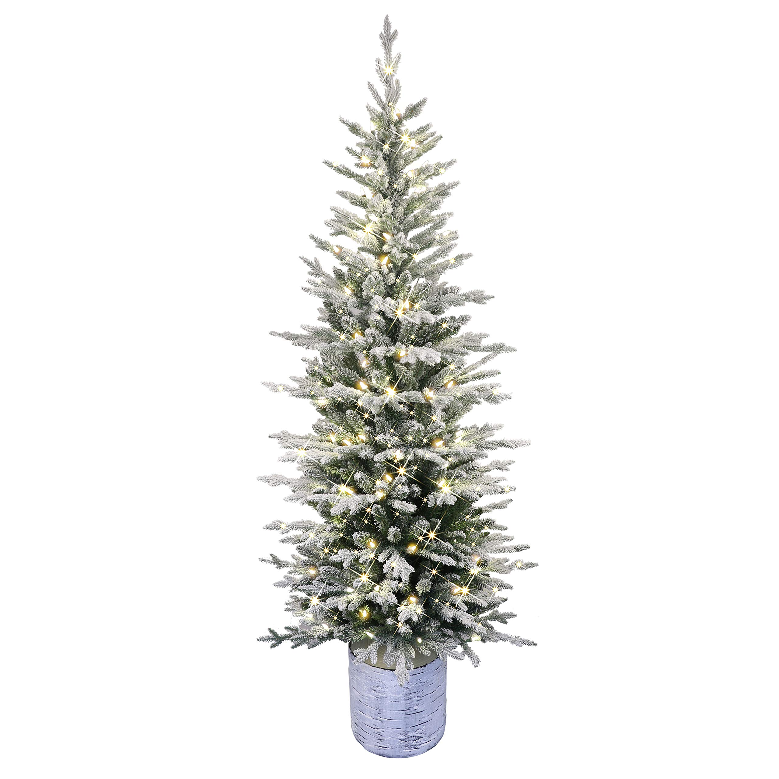 PULEOInternational Pre-Lit Potted Flocked Arctic Fir Pencil Artifical Artificial Christmas Tree, Green, 301-PTO9760-60LW120