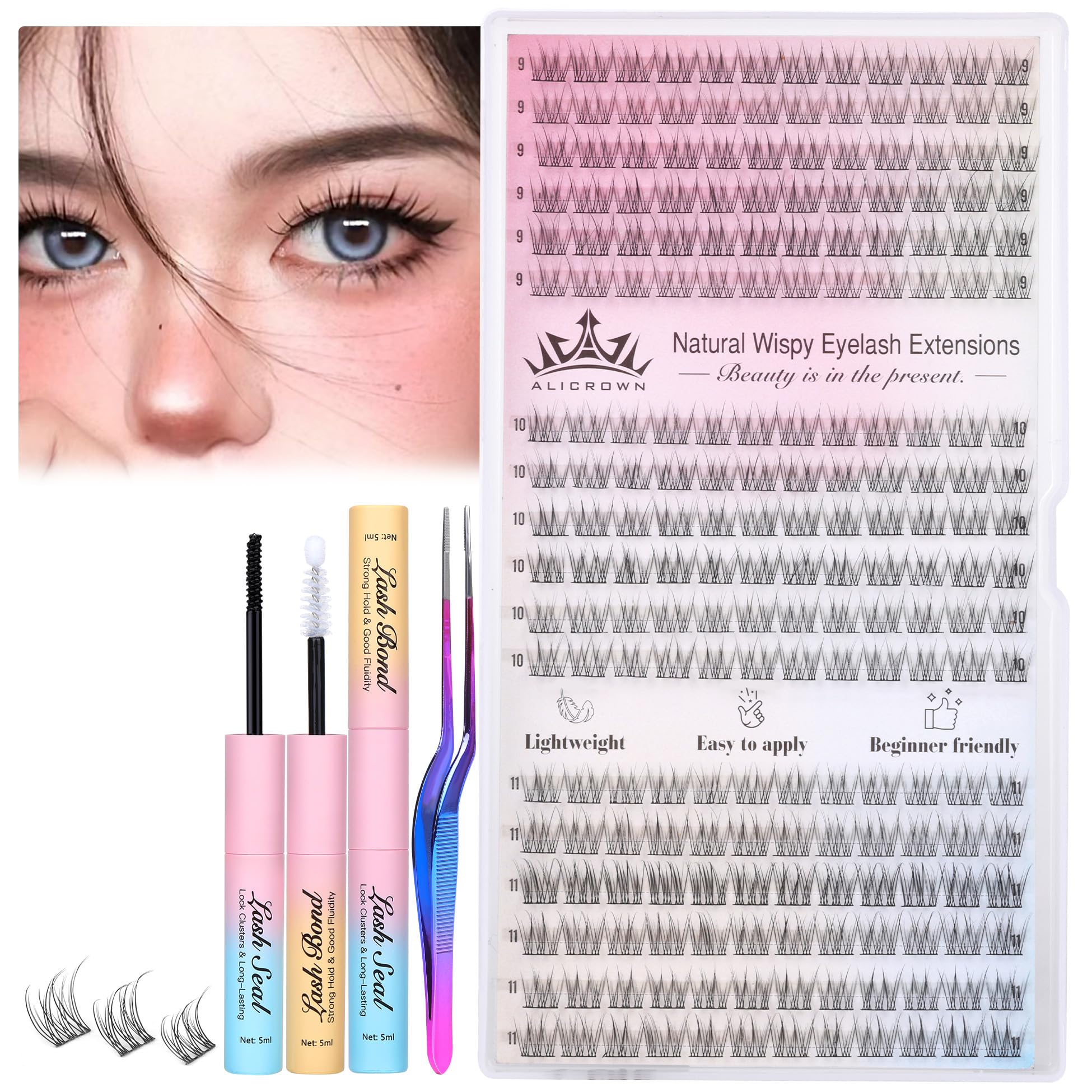 Natural Lash Clusters Kit Wispy Eyelash Extension Kit 216Pcs Asian Lash Extension Kit 9-11MM Short Light DIY Individual Lashes Kit with Lash Bond and Seal Tweezers