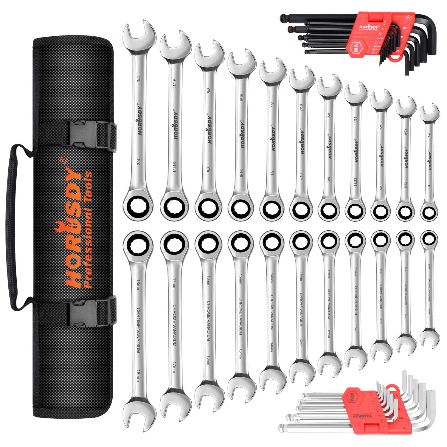 HORUSDY22-Piece Ratcheting Wrench Set, SAE and Metric Ratchet Wrenches, Ratchet Wrench Set Gear with Organiser Pouch