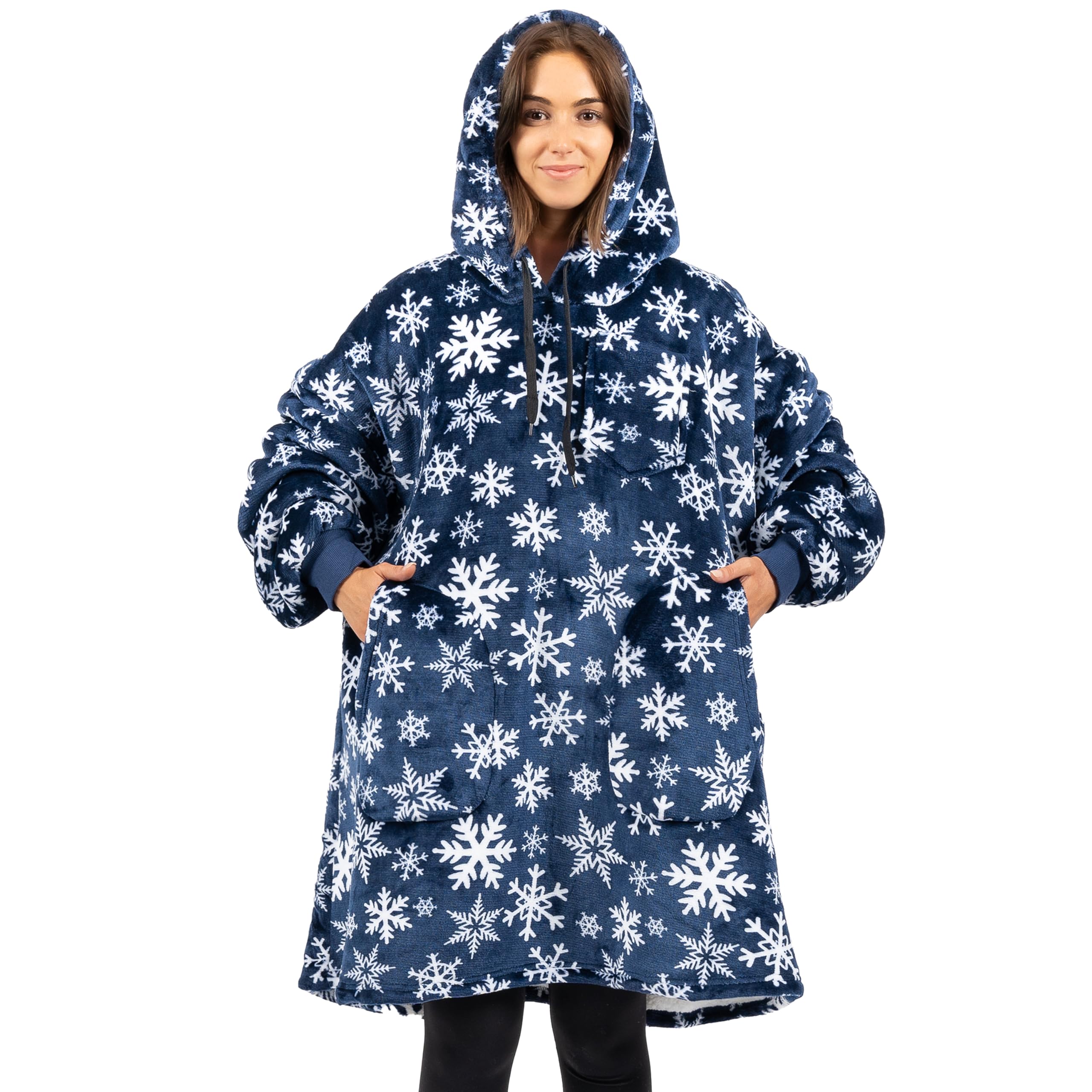 PAVILIABlanket Hoodie for Women, Sherpa Wearable Blanket Men, Oversized Sweatshirt Blanket, Fleece Hooded Blanket Sweater, Blue Snowflake, Adult