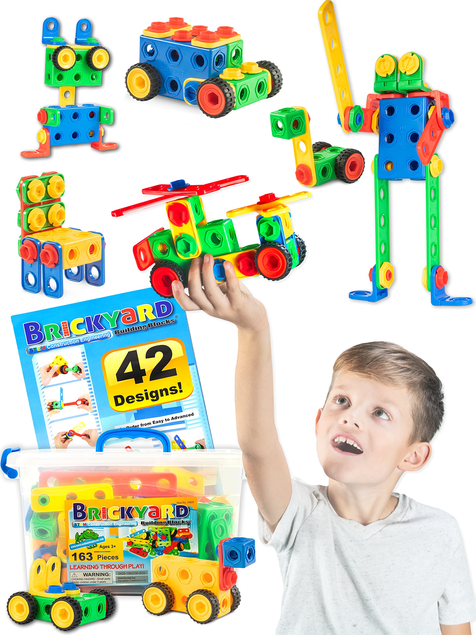 Brickyard Building Blocks STEM Toys - Educational Building Toys for Kids Ages 4-8 with 163 Pieces, Tools, Design Guide and Toy Storage Box, Easter Basket Stuffers Gift for Boys & Girls