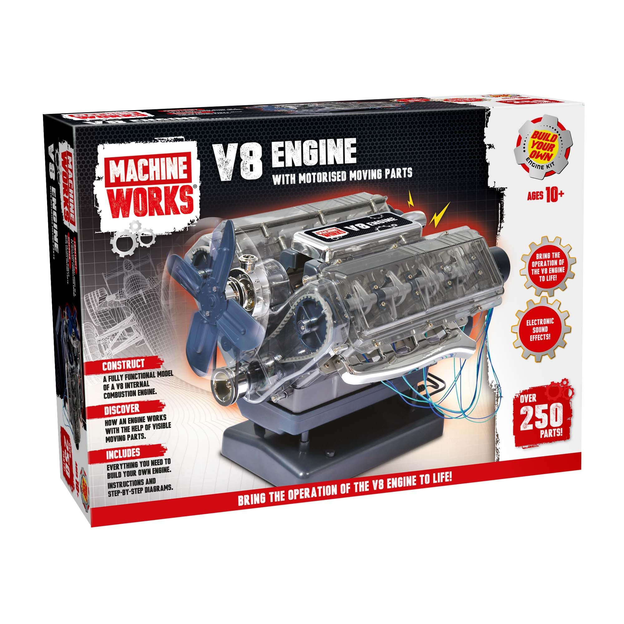 Machine Works Build Your Own V8 Engine Toy - Replica Model Building Kit - Features Augmented Reality, Sounds and Illumination, 4 Modes, 250+ Pieces, 10+ Years