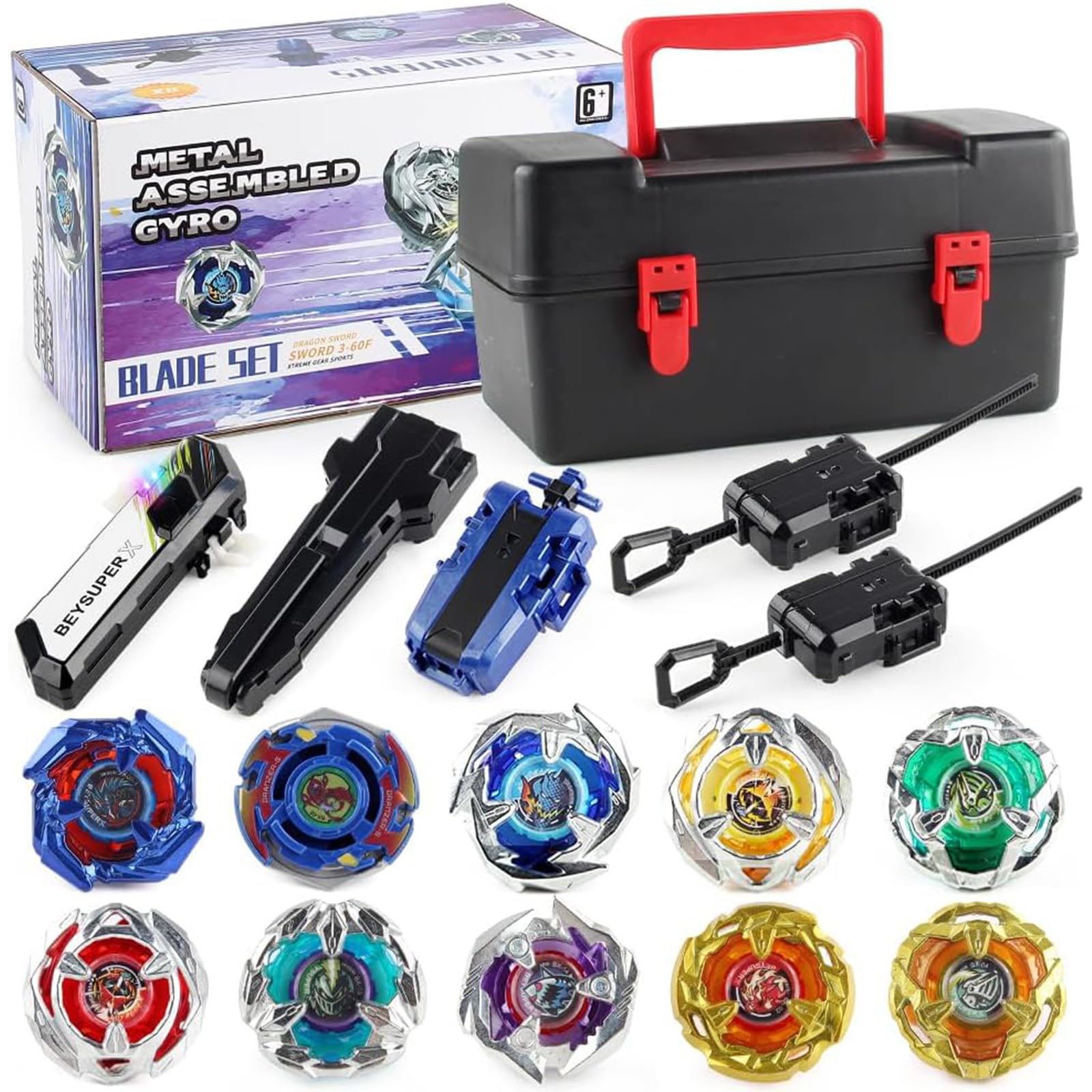 TUKIIE Bey Battling Top Blades Gyro Toy Set, 10 x Battling Tops with 3 x Launchers, Metal Fusion Bays Set Game Toys Xmas Birthday Present for Kids Boys Girls Ages 8+