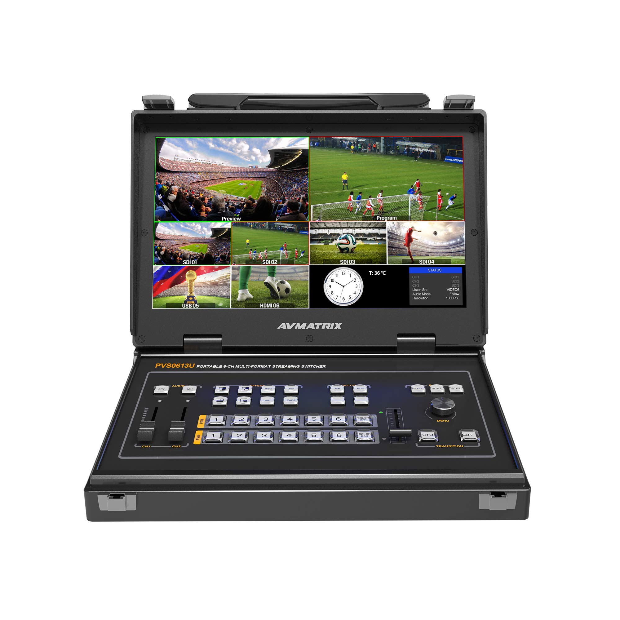 AVMATRIX PVS0613U 13.3 Inch IPS FHD Screen Portable 6 Channel 4×SDI and 2×HDMI Inputs Multi-Format Streaming Switcher