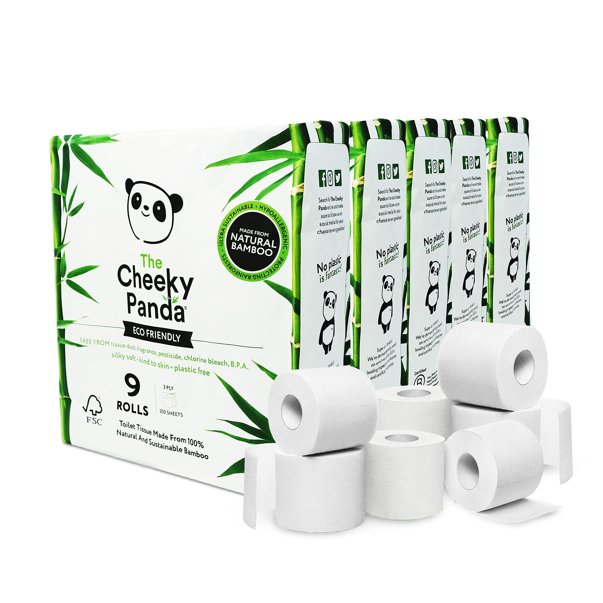 The Cheeky Panda Bamboo Toilet Rolls Bulk Buy – 45 Rolls (5 Packs of 9) | 3 Ply Toilet Paper | Plastic Free Packaging and Sustainable Tissue Paper | Compostable Loo Roll