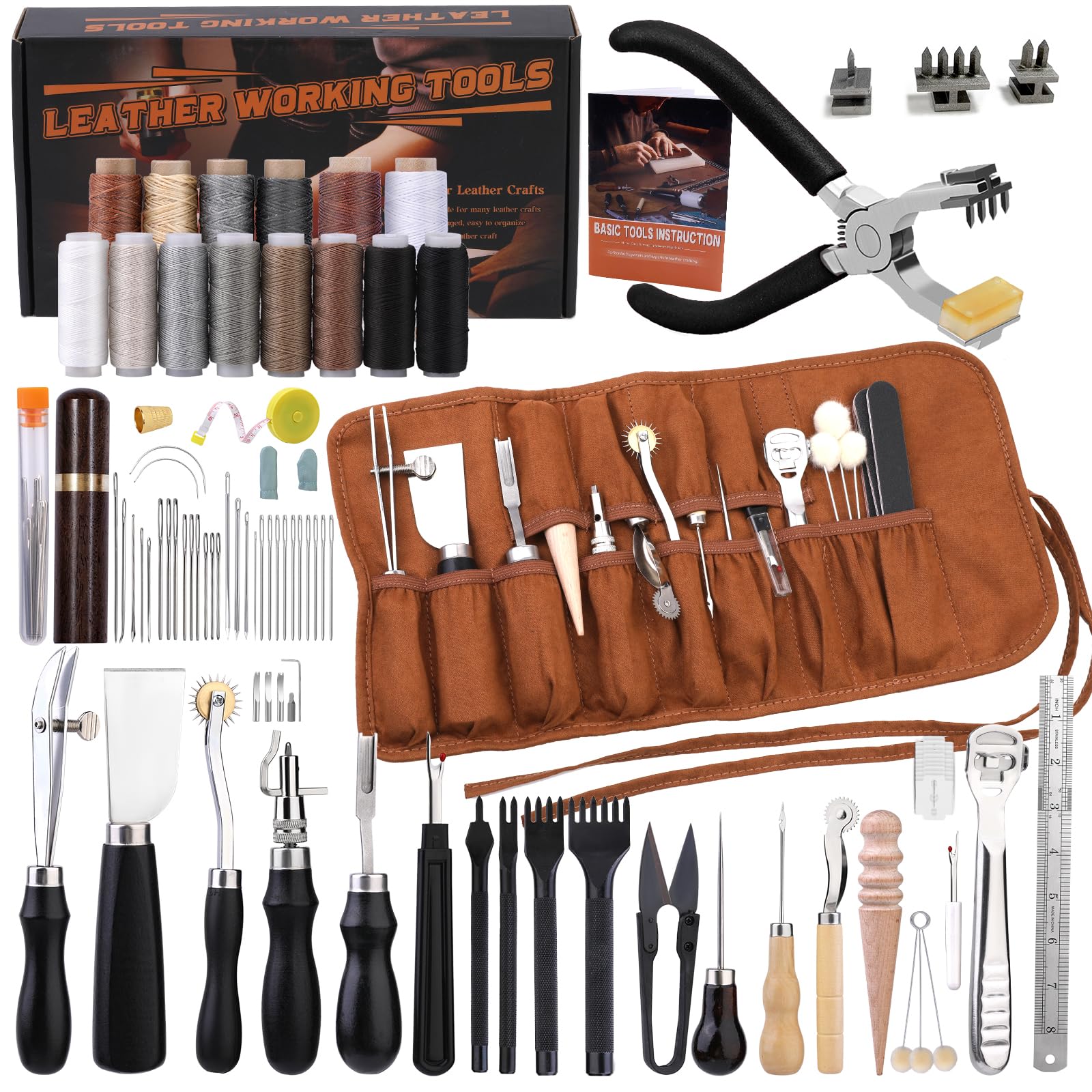 BUTUZE Leather Kit, Leather Tooling Kit, Practical Leather Working Tools with Silent Stitching Hole Punch, Groover, Stitching Punch Sewing Thread and Needles - Comes with Leather Roll Bag and Manual