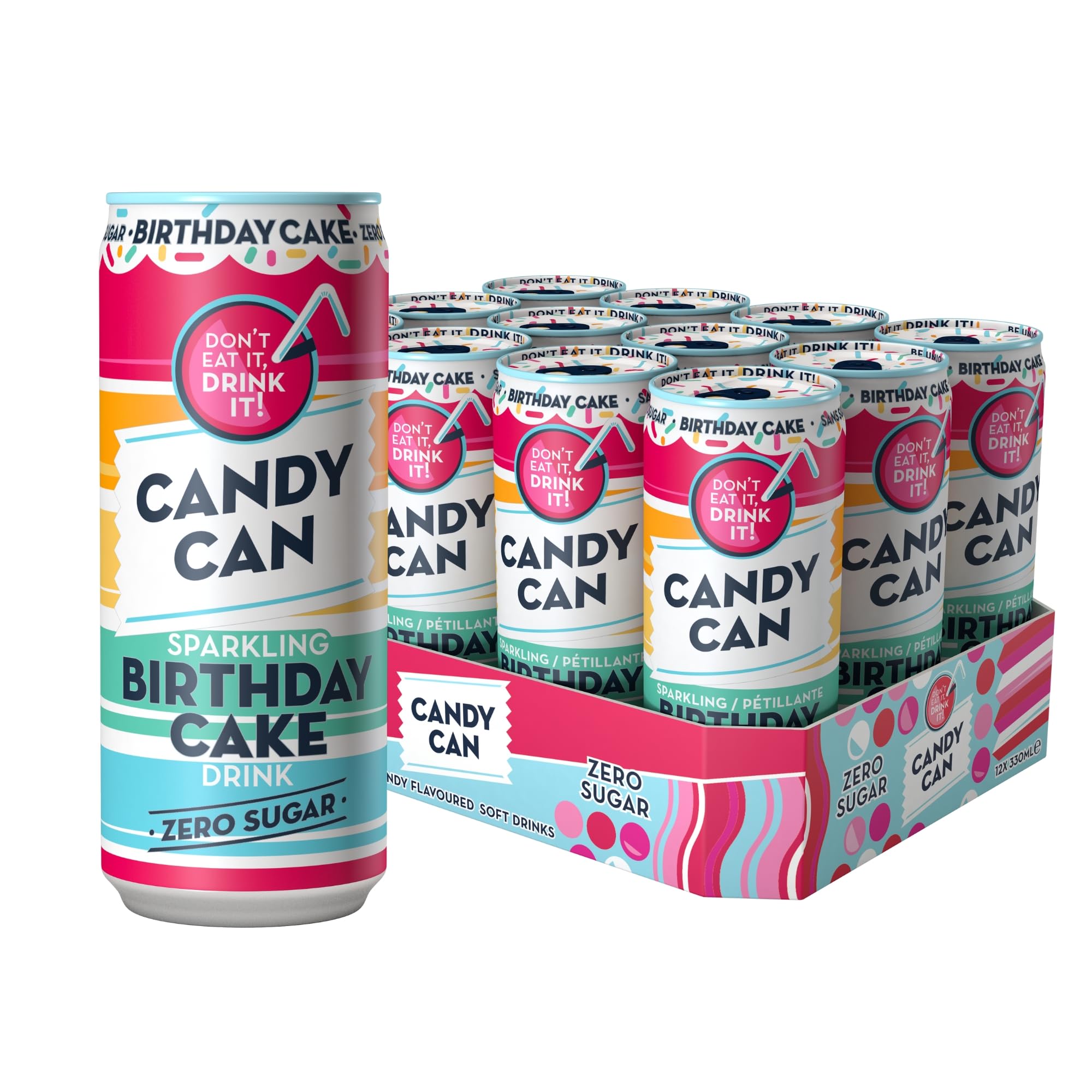 Candy Can, Birthday Cake, Fizzy Drink, Nostalgic American Soda Flavours, Sugar Free, Sparkling Pop Cans (330ml x 12 Pack)